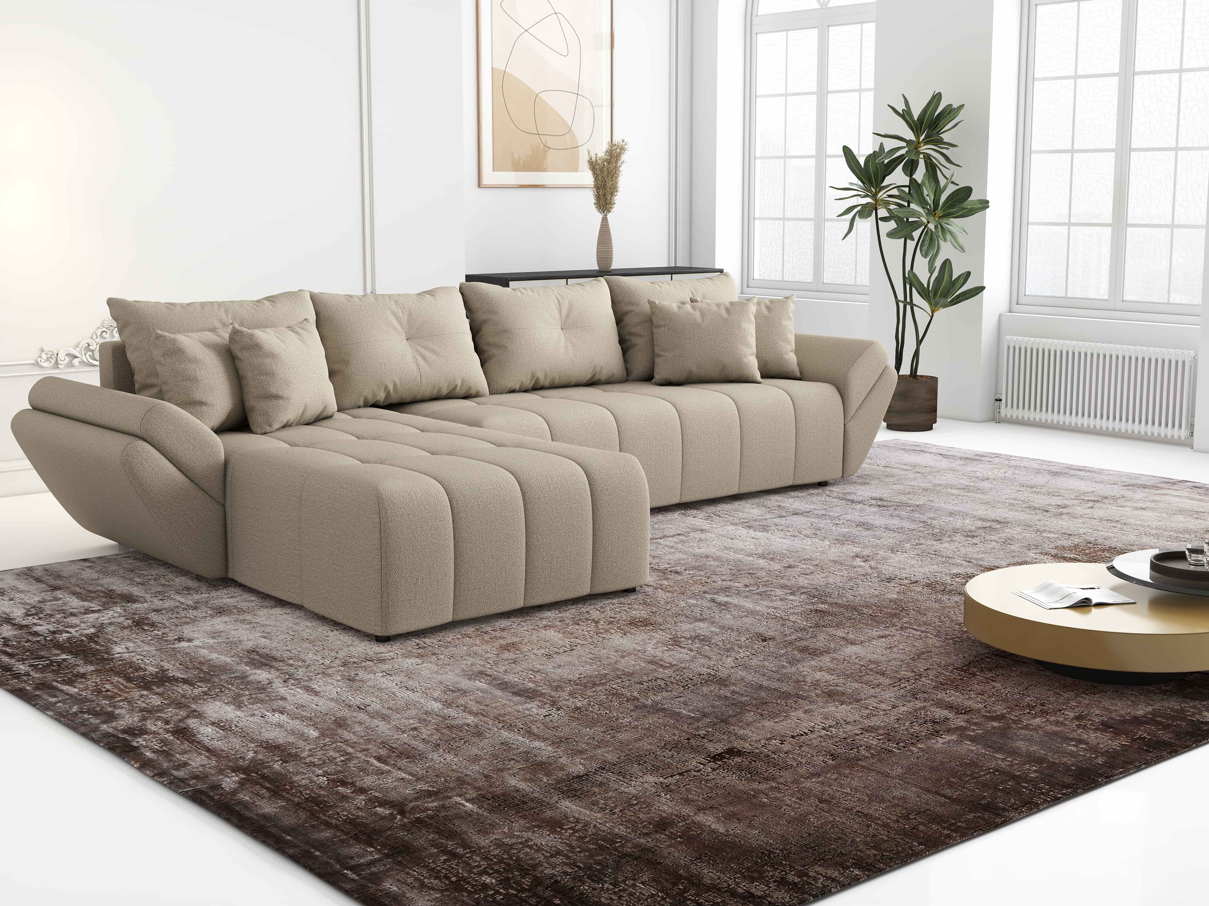 Colțar extensibil dumonde cu ladă de depozitare si sezut confortabil din spuma HR, Berlin XL Enjoy Camel 350x185 cm Fabrica