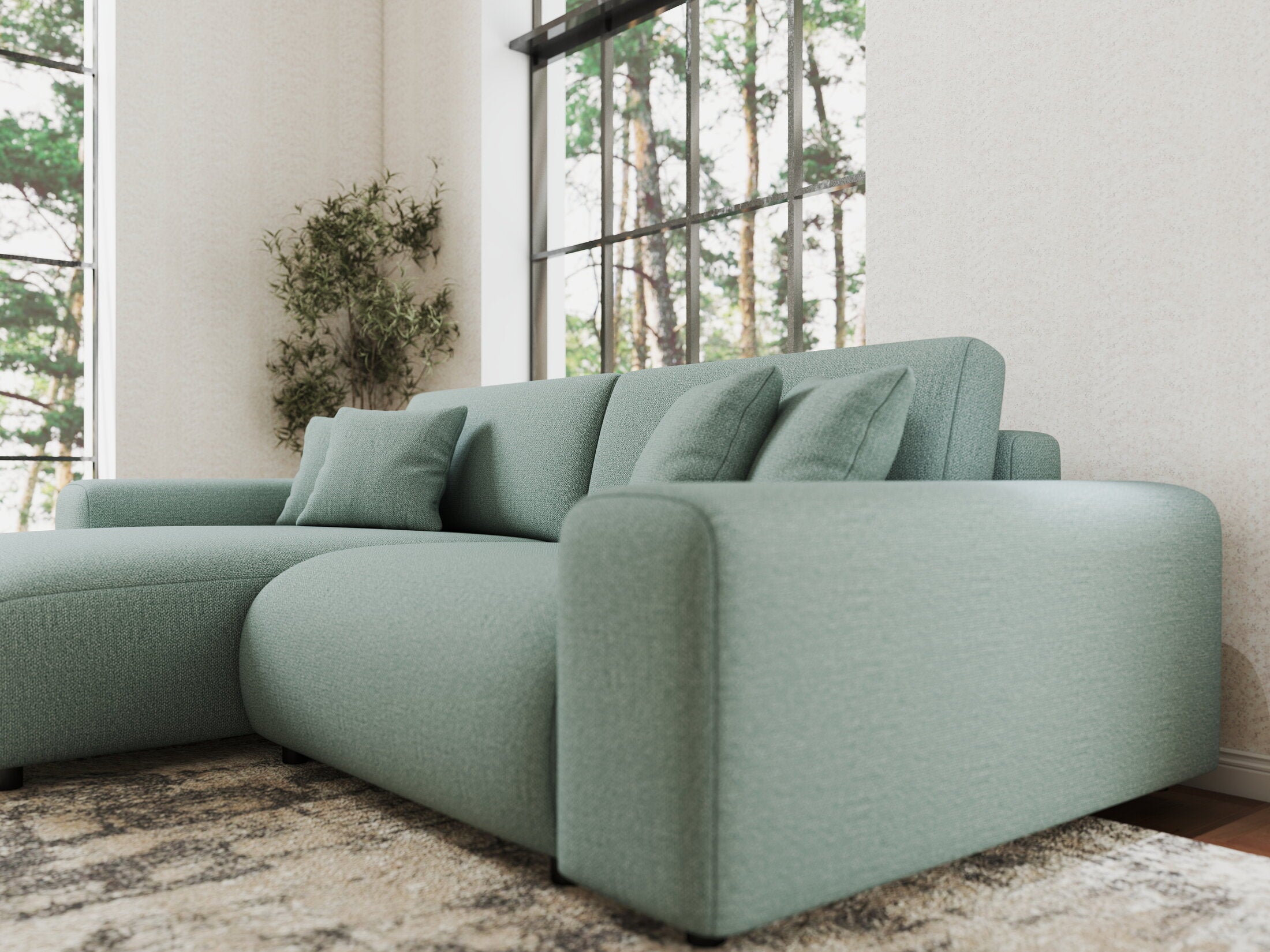 Colțar extensibil dumonde cu ladă de depozitare si sezut confortabil din spuma HR, Sarina Enjoy Verde Mint 255x168 cm