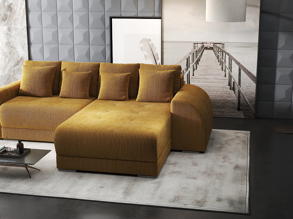 Colțar extensibil dumonde cu ladă de depozitare si sezut confortabil din spuma HR, Verona Zoom Mustar II 290x185 cm Fabrica