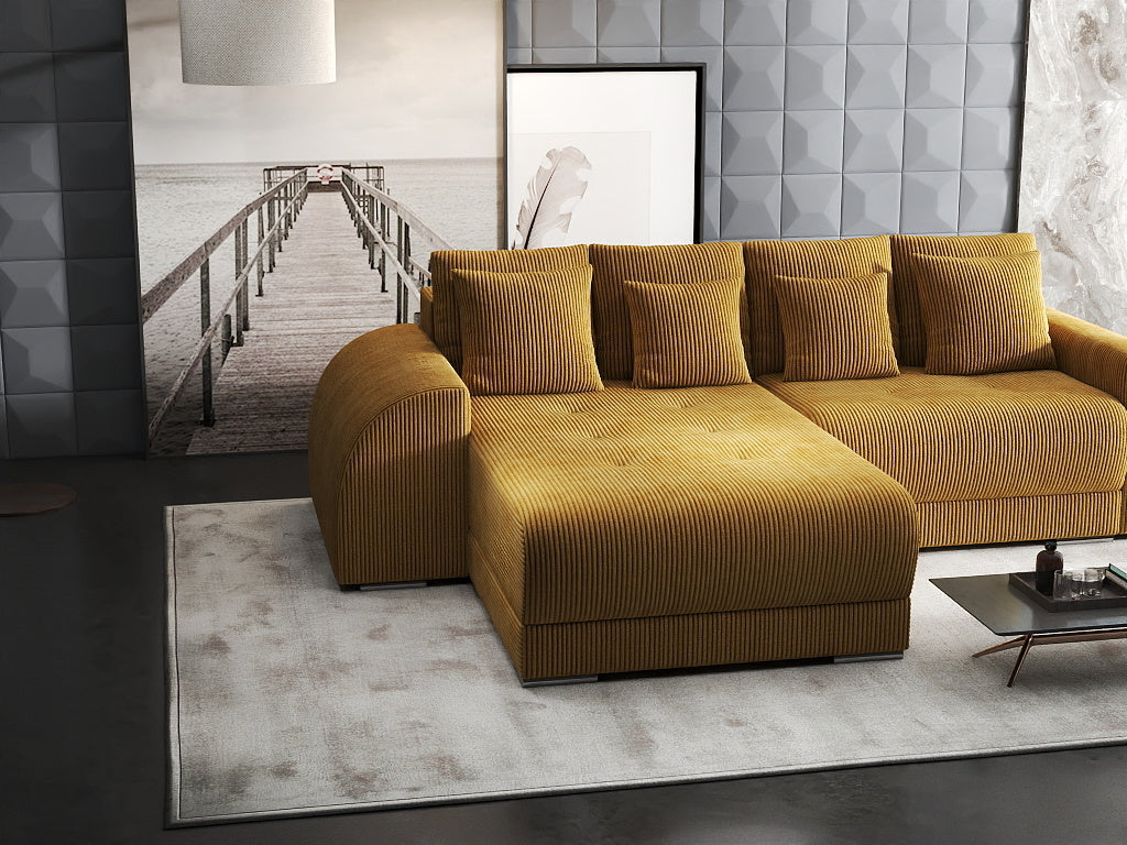 Colțar extensibil dumonde cu ladă de depozitare si sezut confortabil din spuma HR, Verona Zoom Mustar 290x185 cm Fabrica