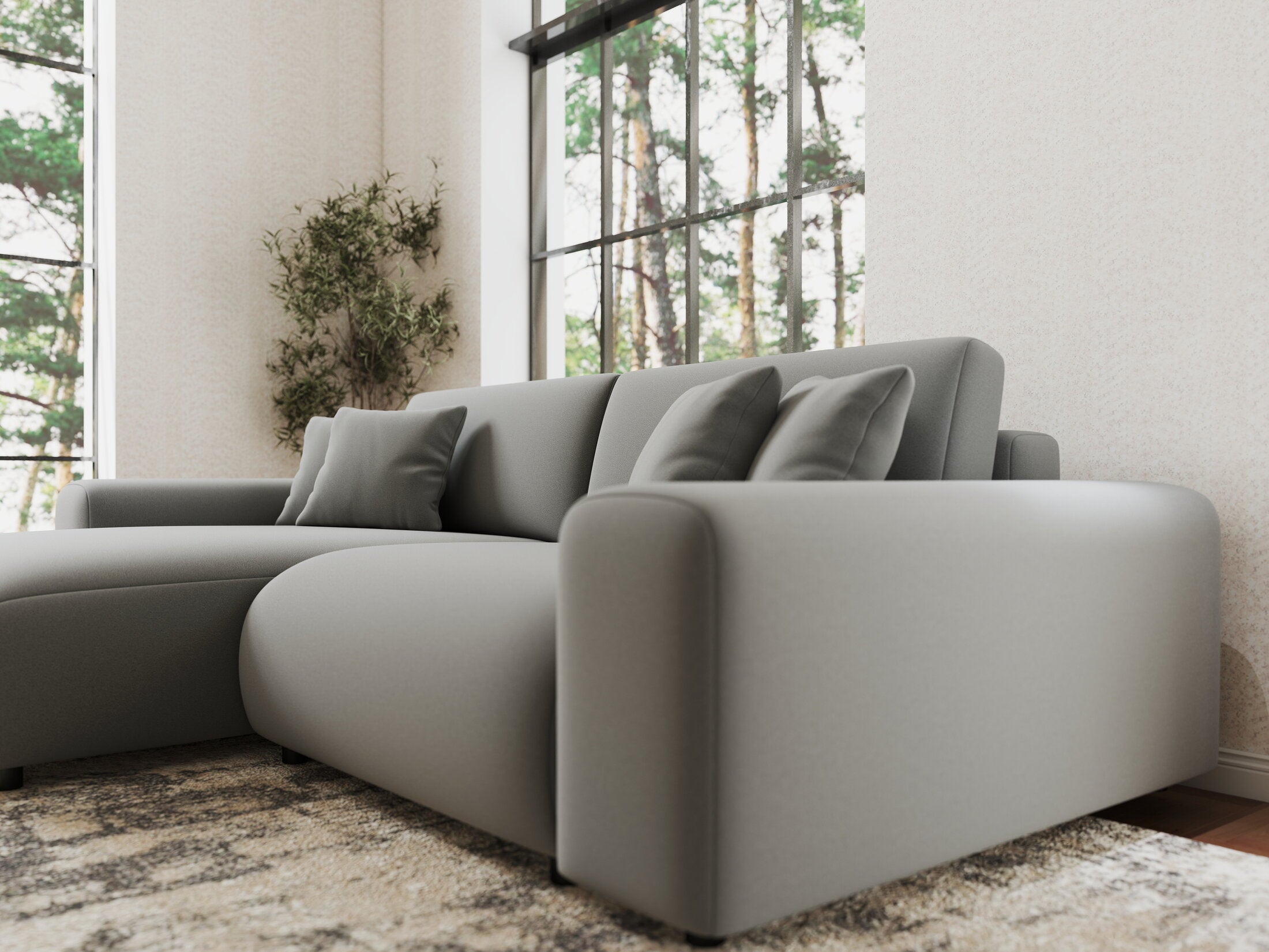 Colțar extensibil dumonde cu ladă de depozitare si sezut confortabil din spuma HR, Sarina Royal Gri 255x168 cm