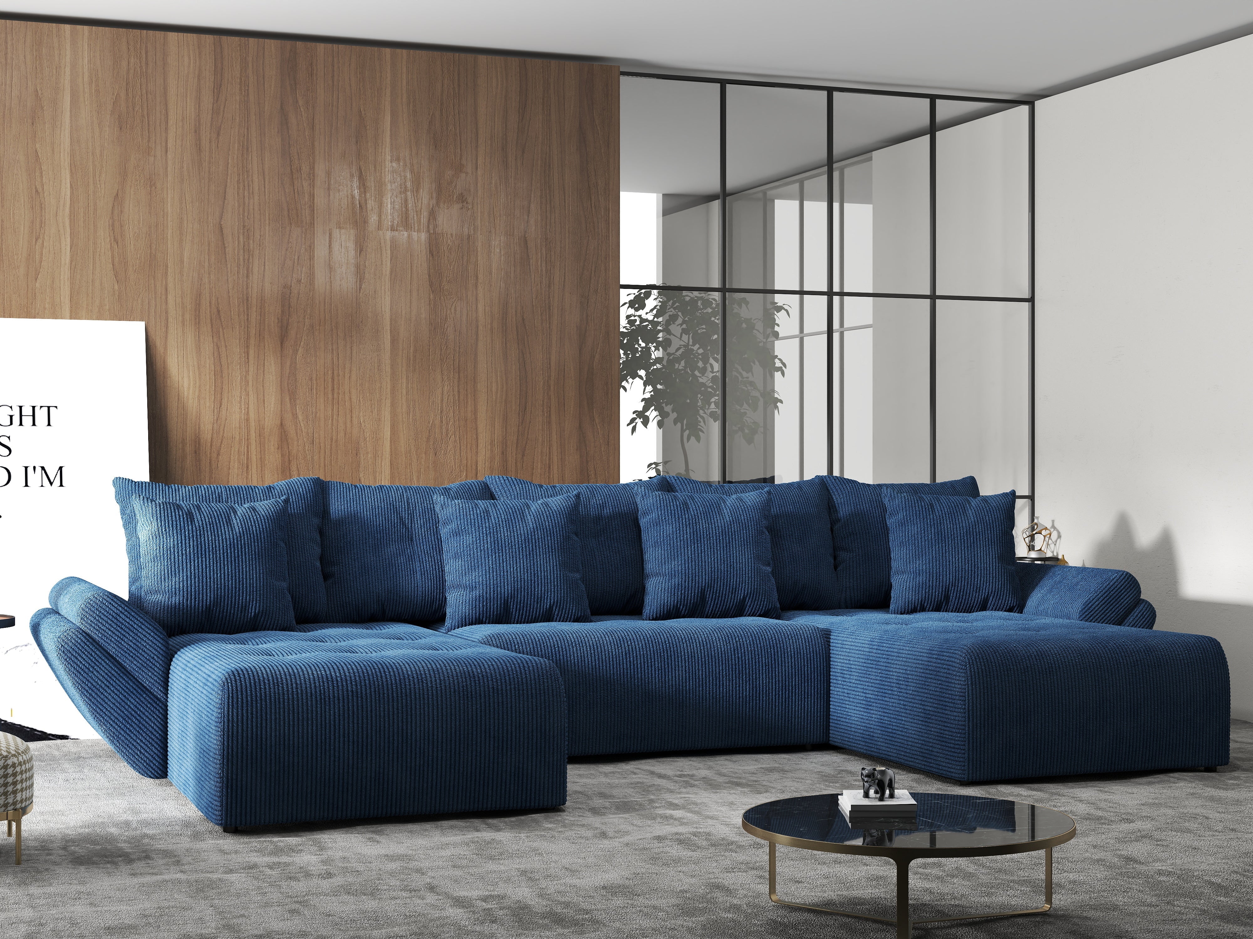 Colțar extensibil dumonde cu ladă de depozitare si sezut confortabil din spuma HR, Berlin U Zoom Blue 380x180 cm Fabrica