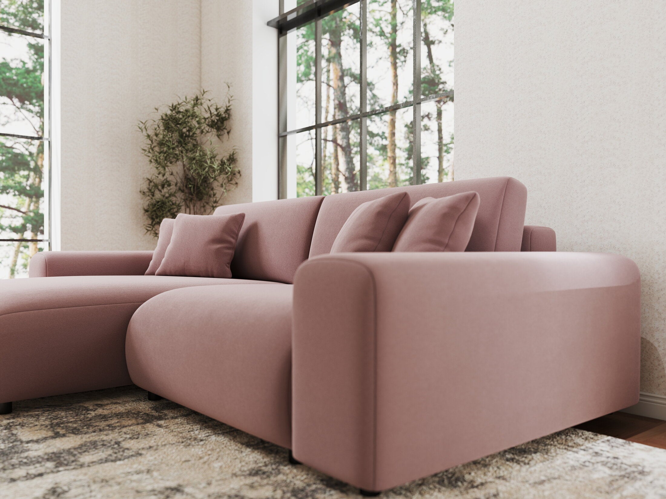 Colțar extensibil dumonde cu ladă de depozitare si sezut confortabil din spuma HR, Sarina Royal Roz 255x168 cm