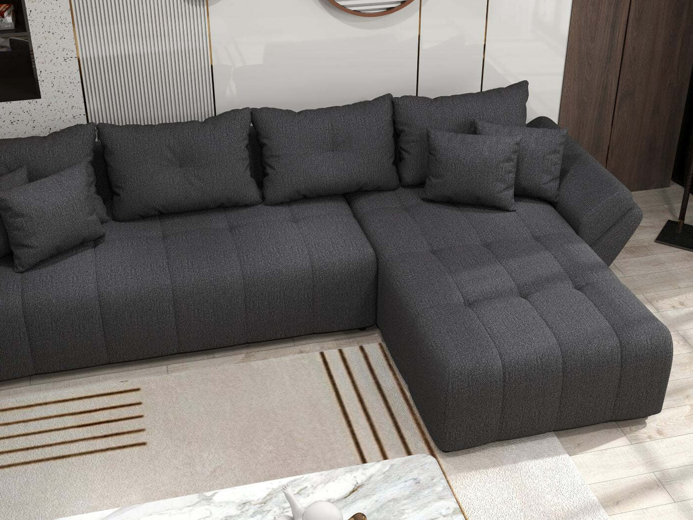 Colțar extensibil dumonde cu ladă de depozitare si sezut confortabil din spuma HR, Berlin XL Enjoy Graphite 350x185 cm Fabrica