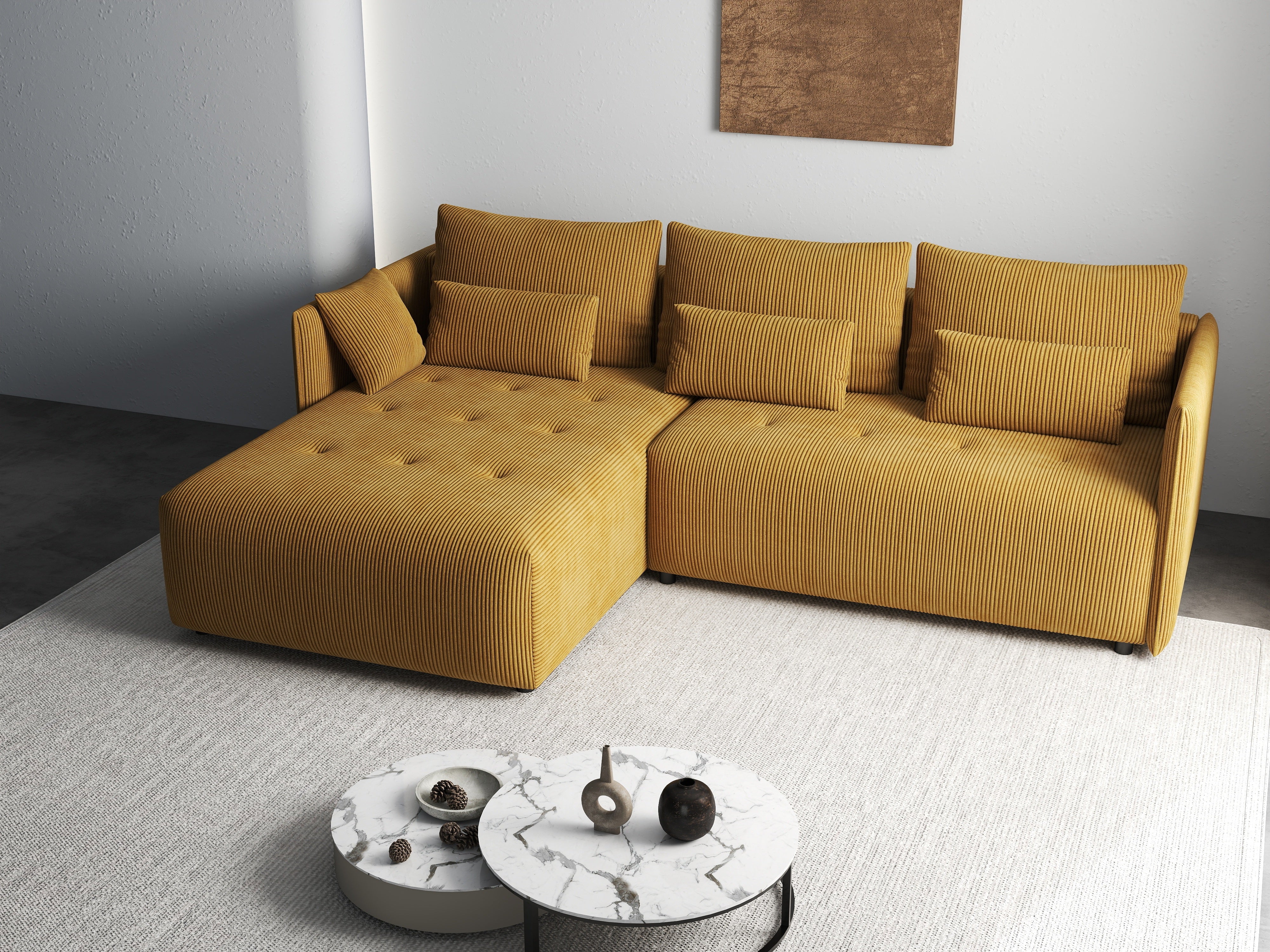 Colțar extensibil dumonde cu ladă de depozitare si sezut confortabil din spuma HR, Malta Zoom Mustar II 235x185 cm Fabrica