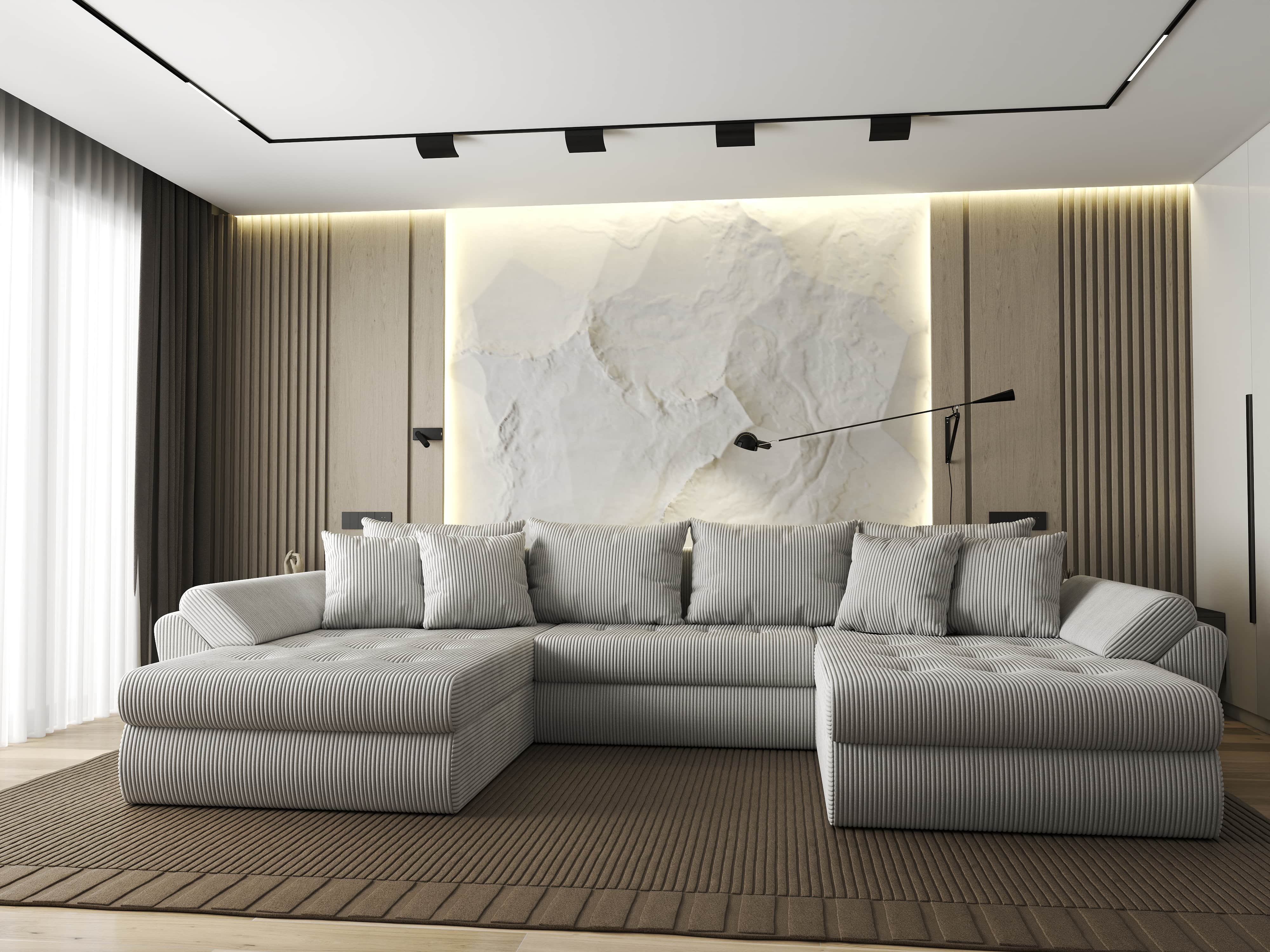 Colțar extensibil dumonde cu ladă de depozitare si sezut confortabil din spuma HR, Loana U Zoom Cream 355x185 cm Fabrica