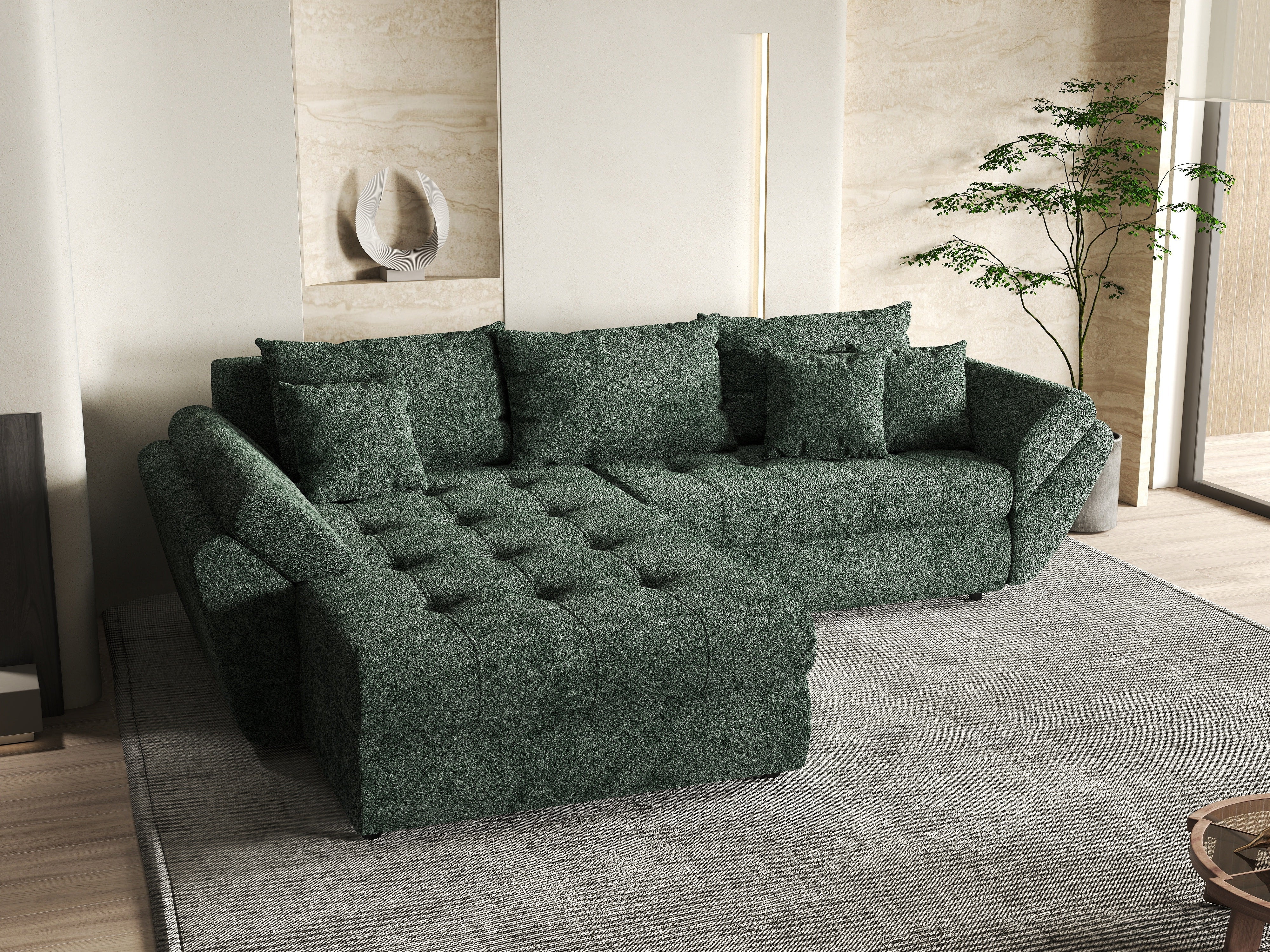 Colțar extensibil dumonde cu ladă de depozitare si sezut confortabil din spuma HR, Loana Euphoria Green 270x185 cm Fabrica