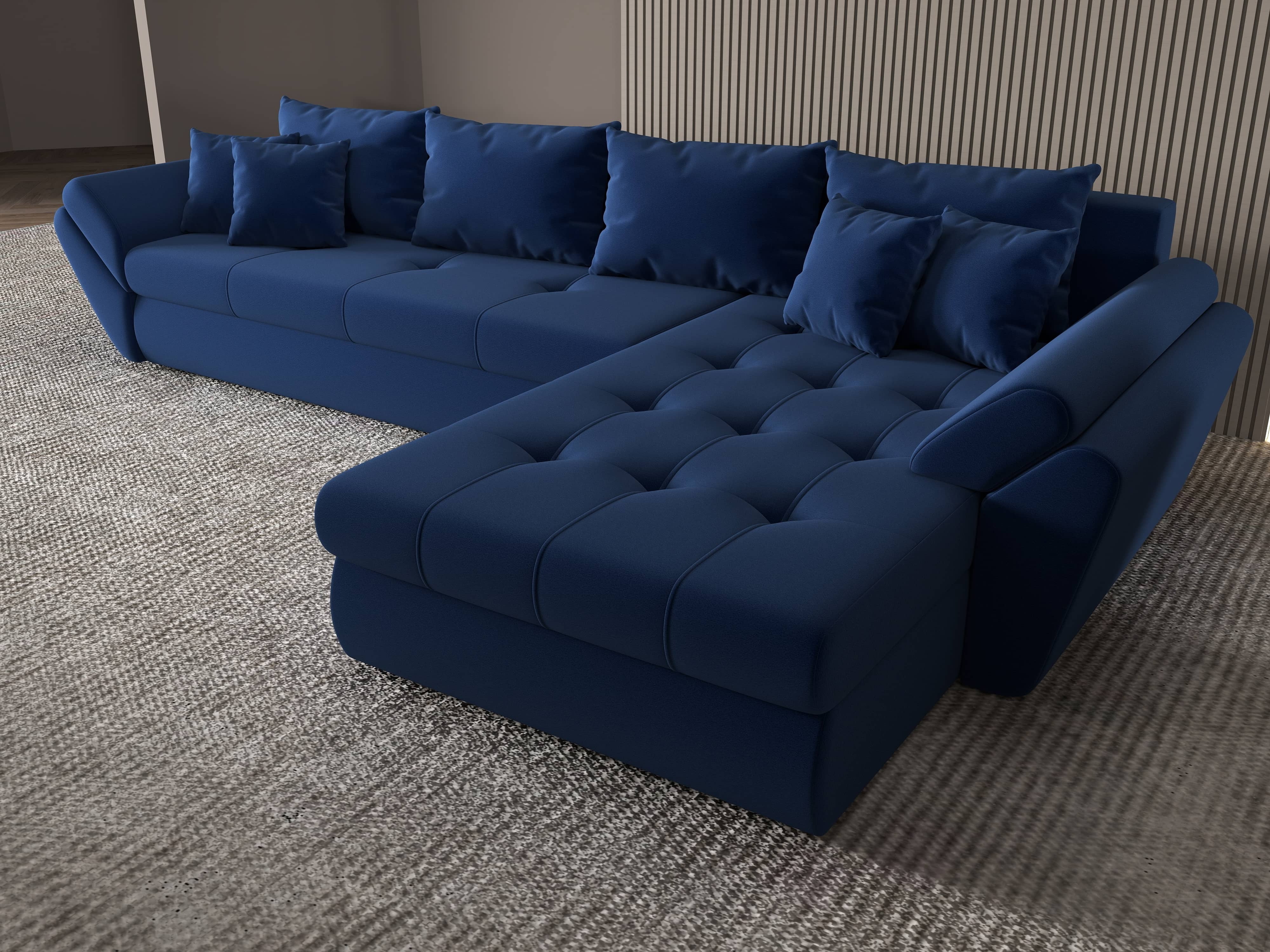 Colțar extensibil dumonde cu ladă de depozitare si sezut confortabil din spuma HR, Loana XL Royal Albastru II 335x185 cm Fabrica