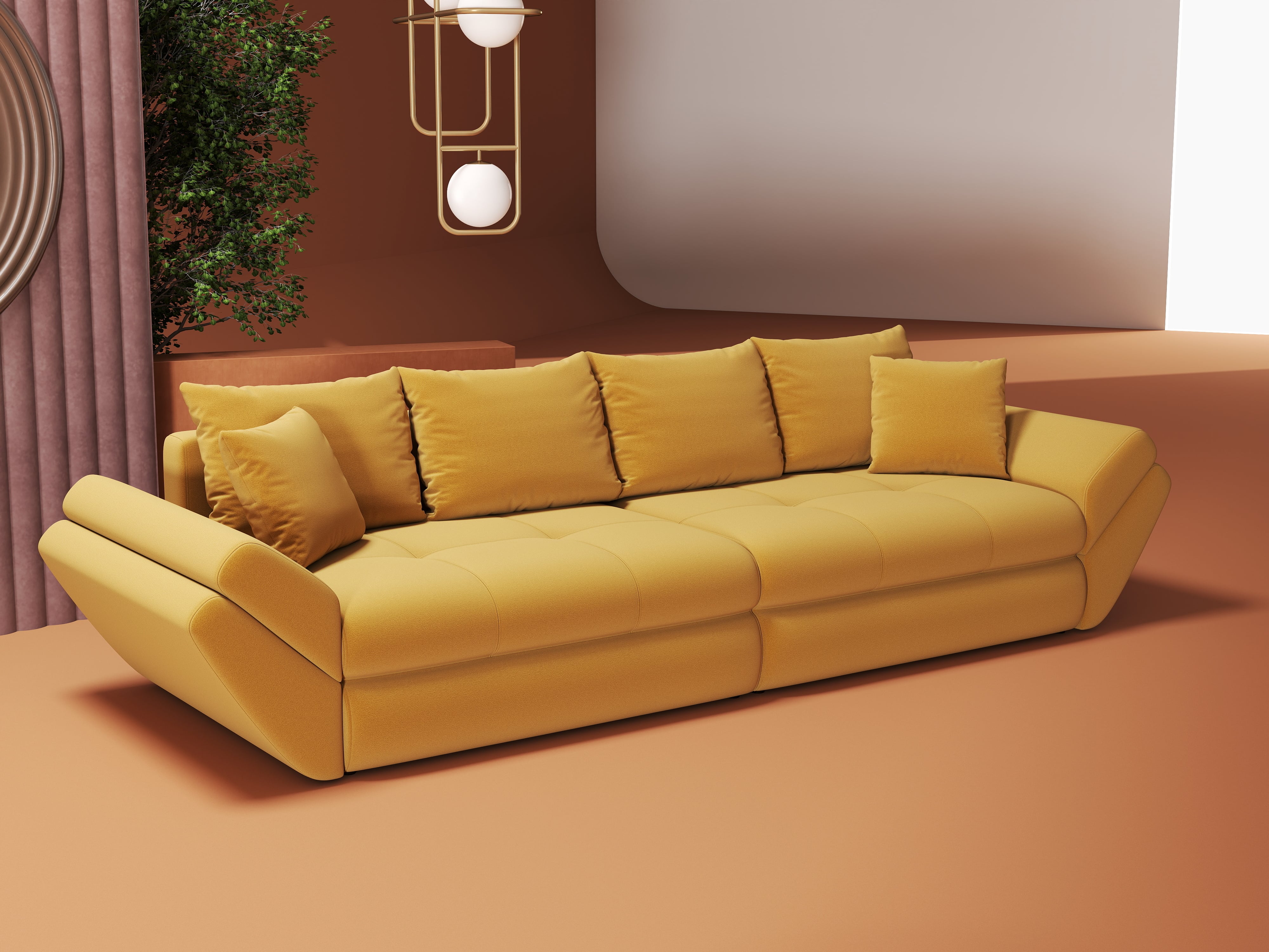 Canapea extensibilă dumonde cu ladă de depozitare si sezut confortabil din spuma HR, Loana Royal Mustar 300x100 cm Fabrica