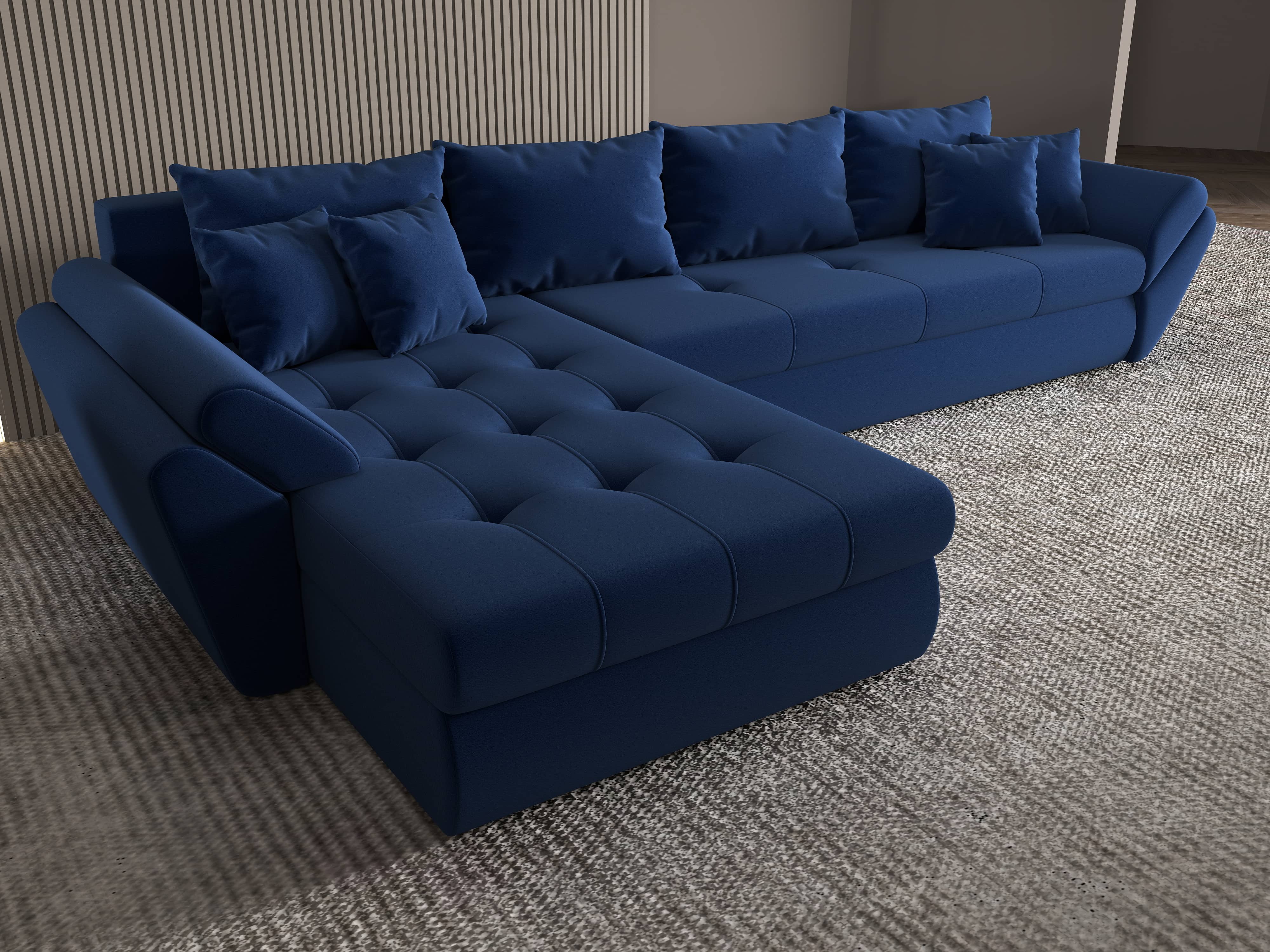 Colțar extensibil dumonde cu ladă de depozitare si sezut confortabil din spuma HR, Loana XL Royal Albastru 335x185 cm Fabrica
