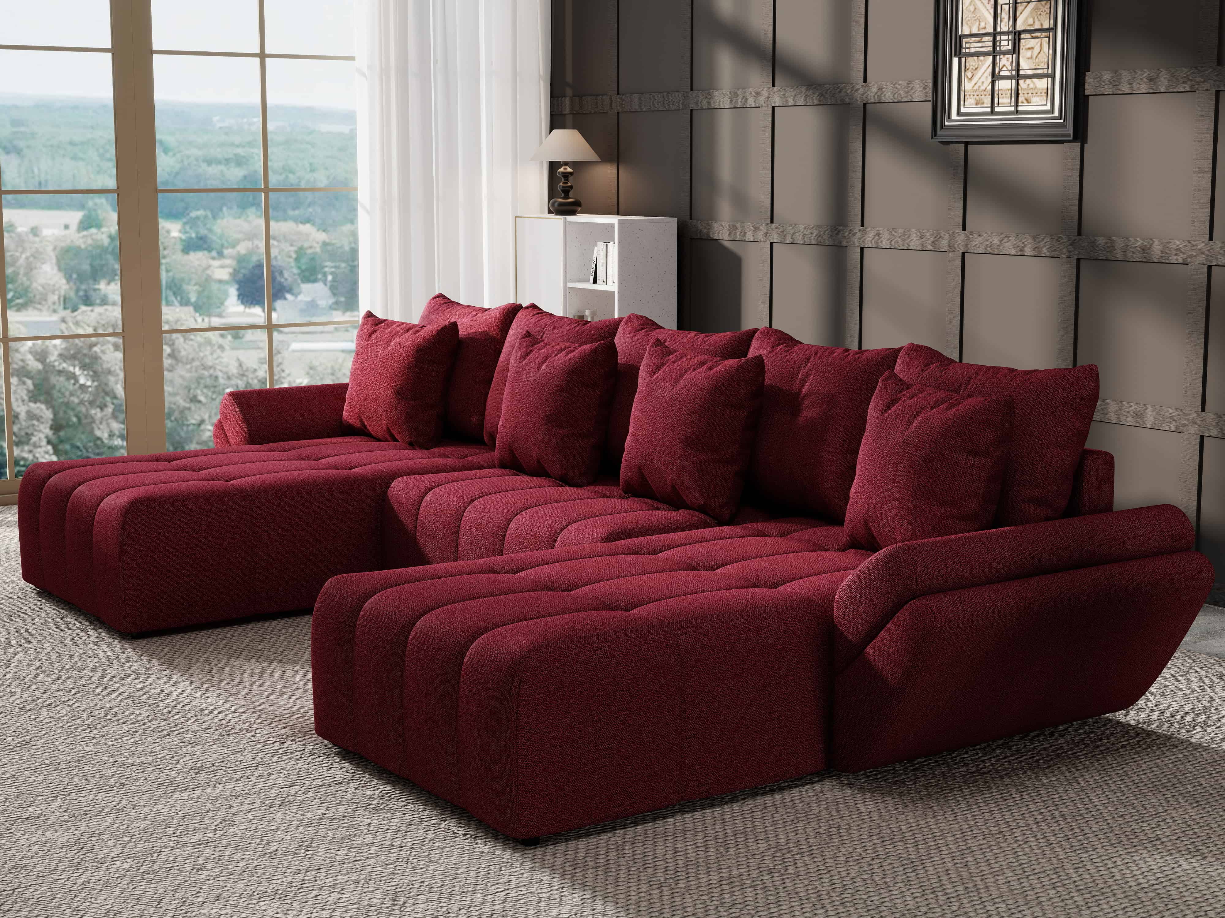 Colțar extensibil dumonde cu ladă de depozitare si sezut confortabil din spuma HR, Berlin U Enjoy Rosu 380x180 cm Fabrica