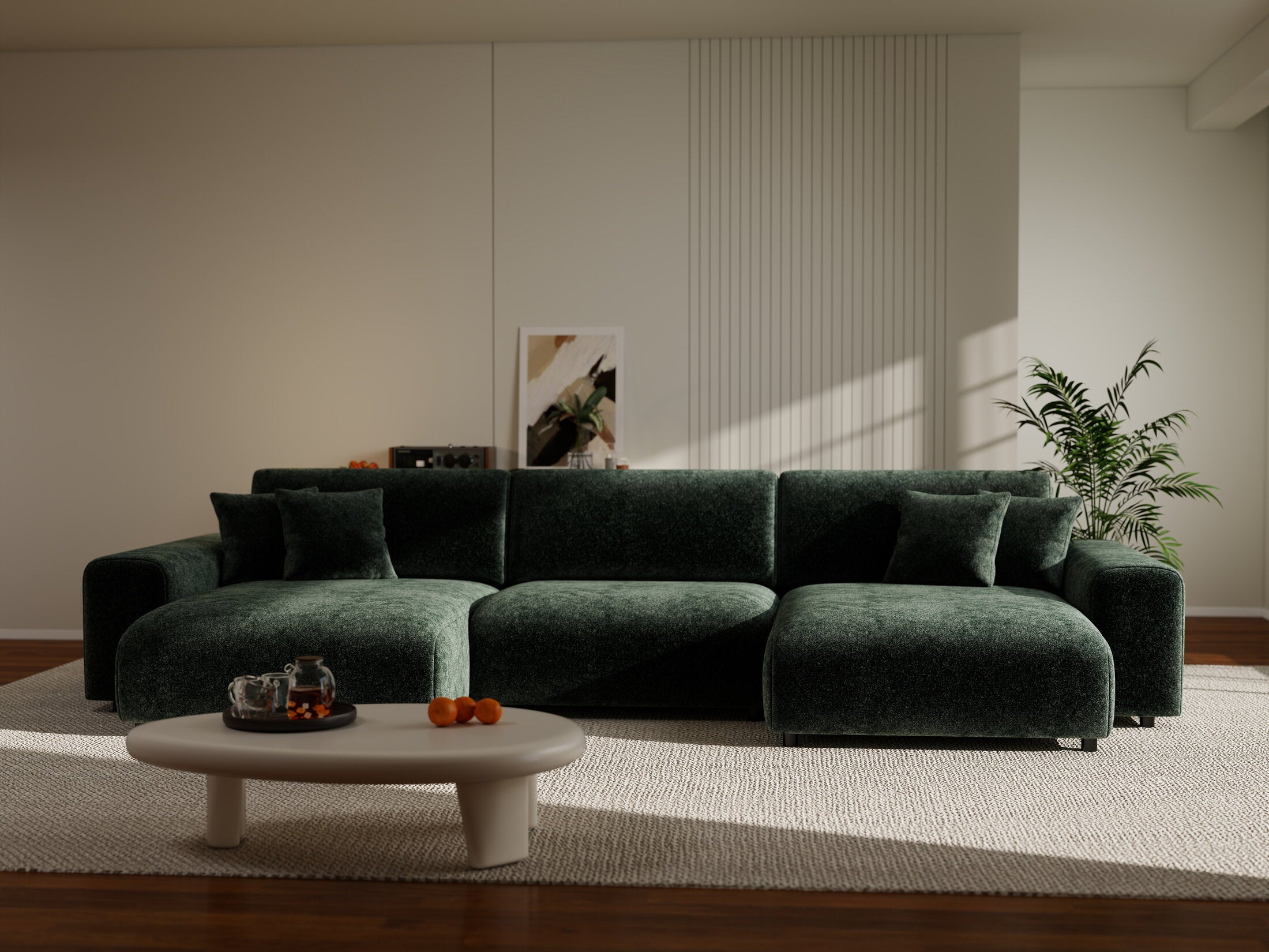 Colțar extensibil dumonde cu ladă de depozitare si sezut confortabil din spuma HR, Sarina U Euphoria Verde 350x168 cm