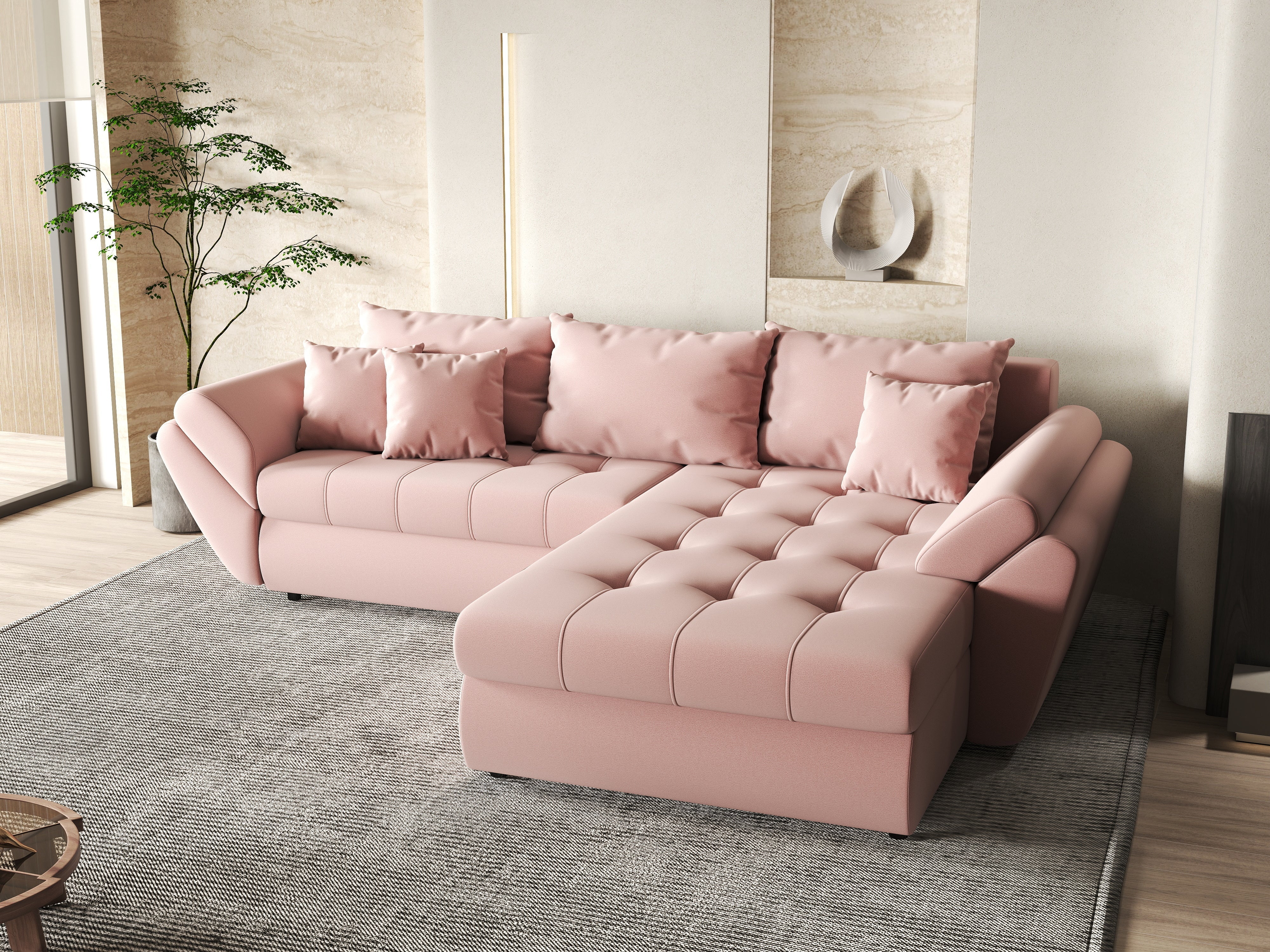 Colțar extensibil dumonde cu ladă de depozitare si sezut confortabil din spuma HR, Loana Royal Pink II 270x185 cm Fabrica