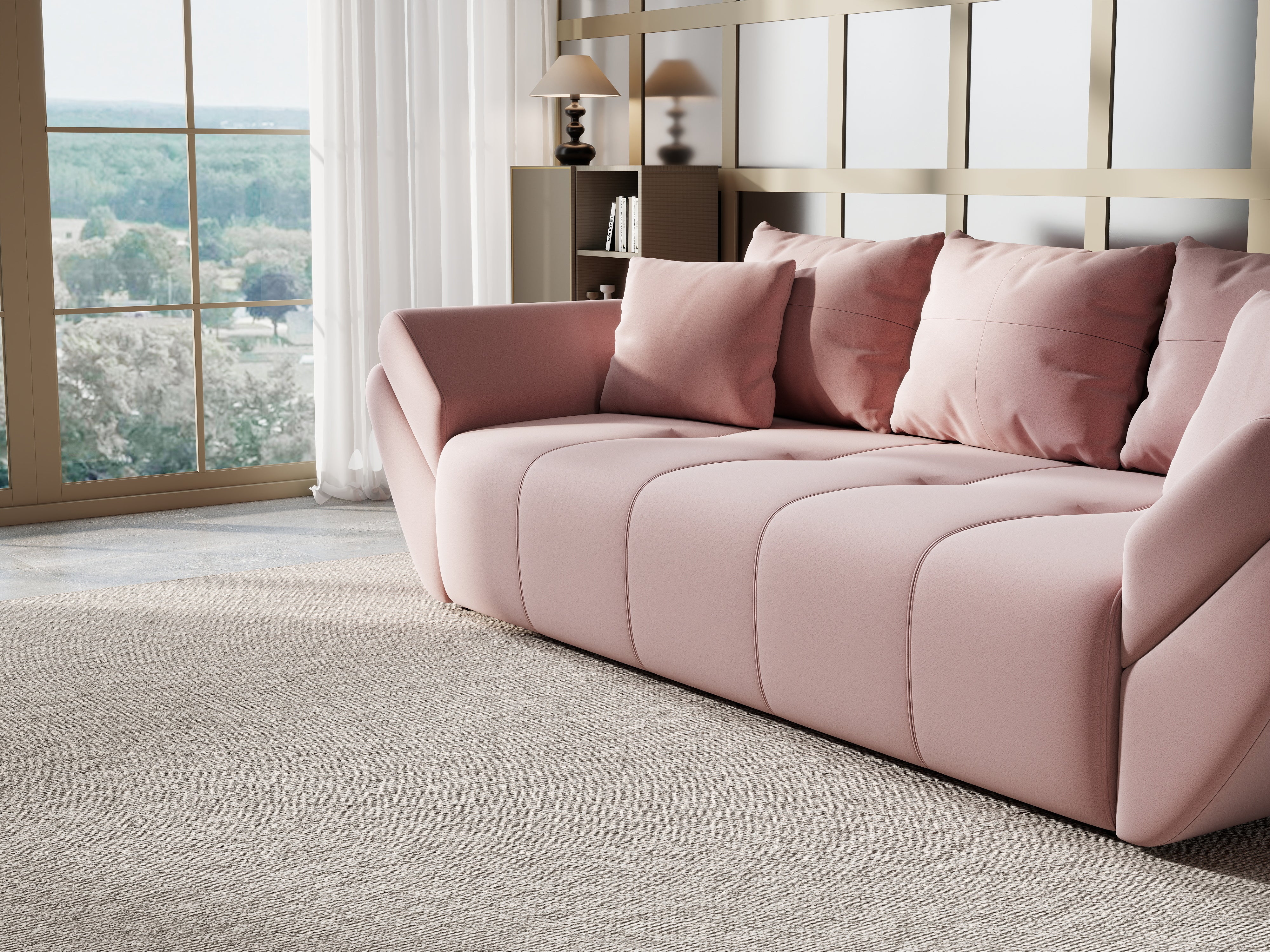 Canapea extensibilă dumonde cu ladă de depozitare si sezut confortabil din spuma HR, Berlin Royal Pink 250x100 cm Fabrica