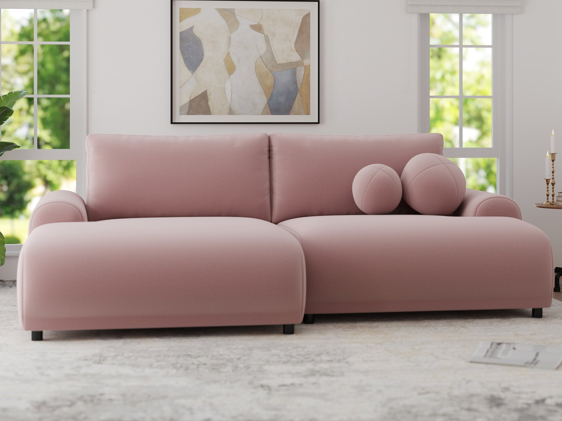 Colțar extensibil dumonde cu ladă de depozitare și șezut confortabil din spumă HR, Carlo Royal Roz 240x145 cm