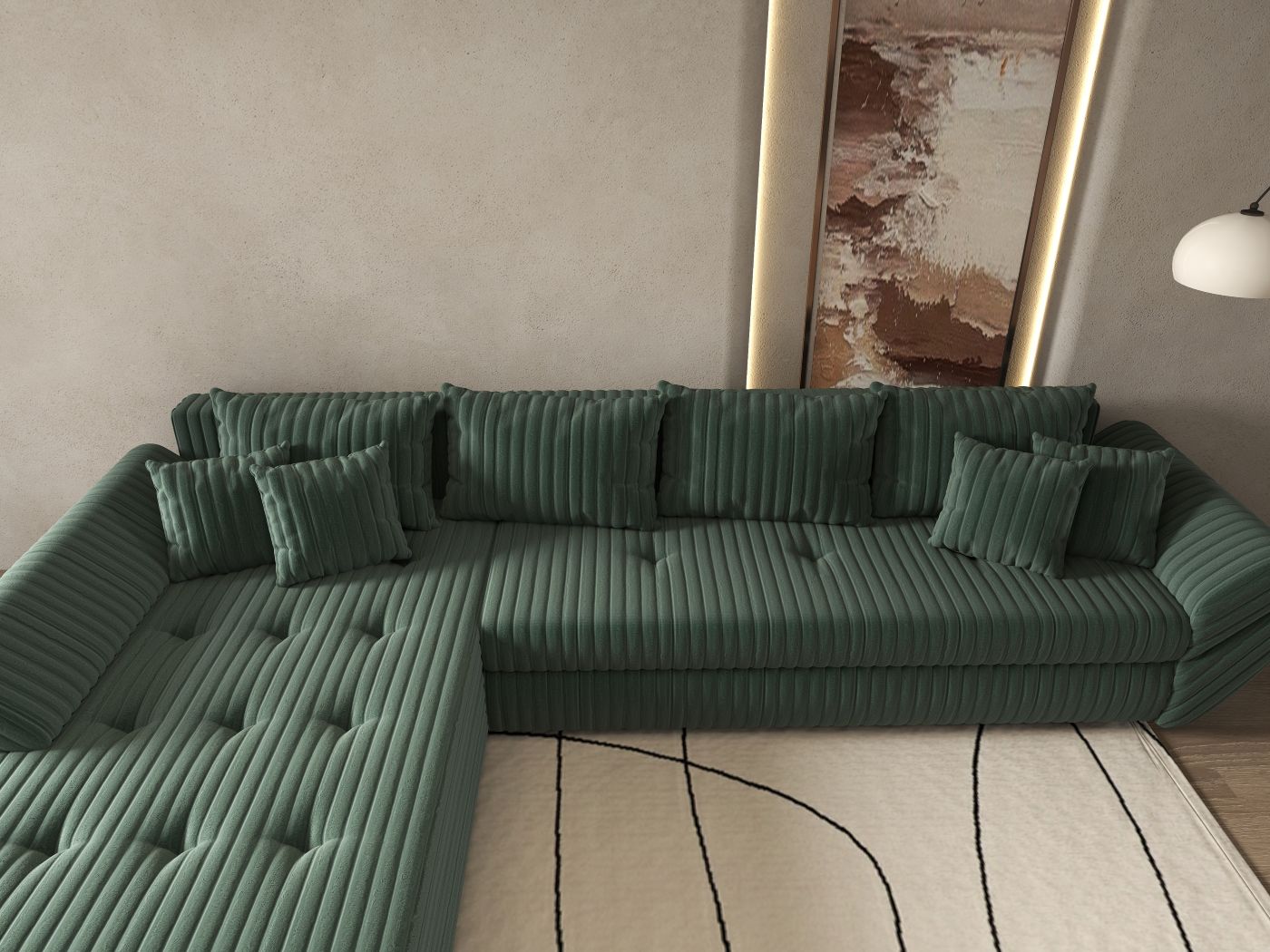 Colțar extensibil dumonde cu ladă de depozitare si sezut confortabil din spuma HR, Loana XL Ambience Verde 335x185 cm Fabrica