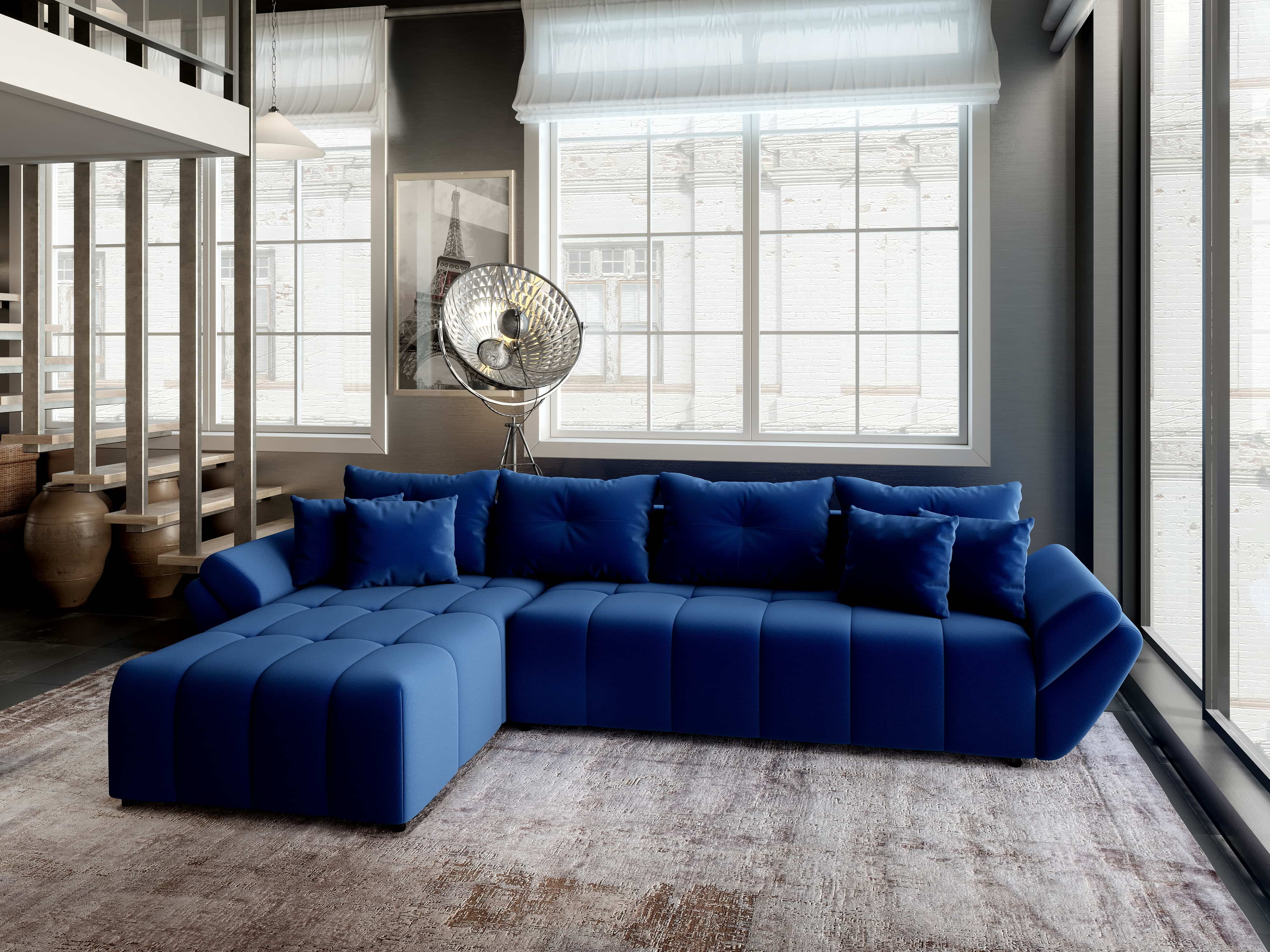 Colțar extensibil dumonde cu ladă de depozitare si sezut confortabil din spuma HR, Berlin XL Royal Albastru 350x185 cm Fabrica