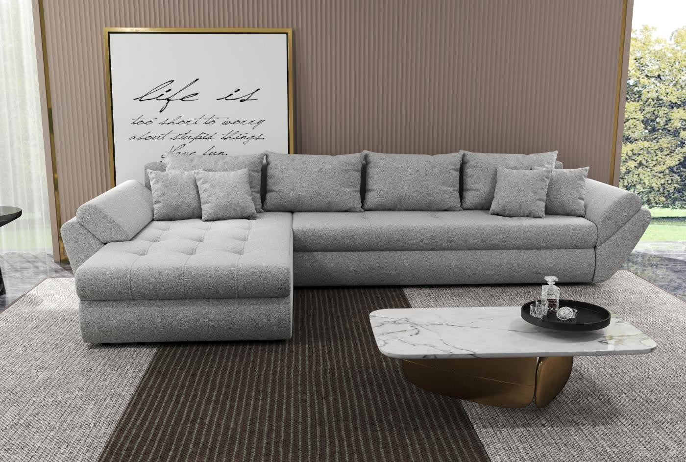 Colțar extensibil dumonde cu ladă de depozitare si sezut confortabil din spuma HR, Loana XL Euphoria Dove 335x185 cm Fabrica