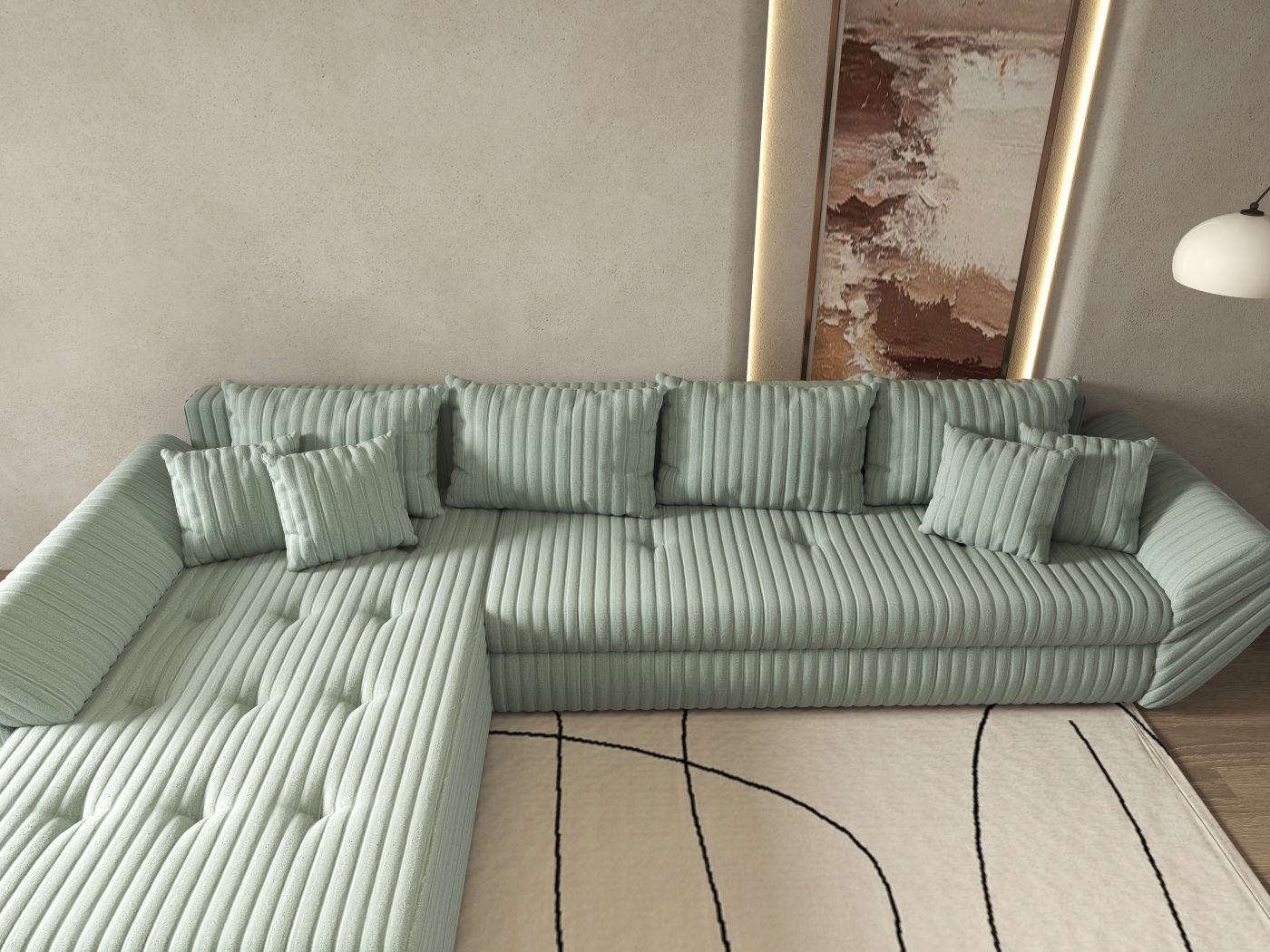 Colțar extensibil dumonde cu ladă de depozitare si sezut confortabil din spuma HR, Loana XL Ambience Mint 335x185 cm Fabrica