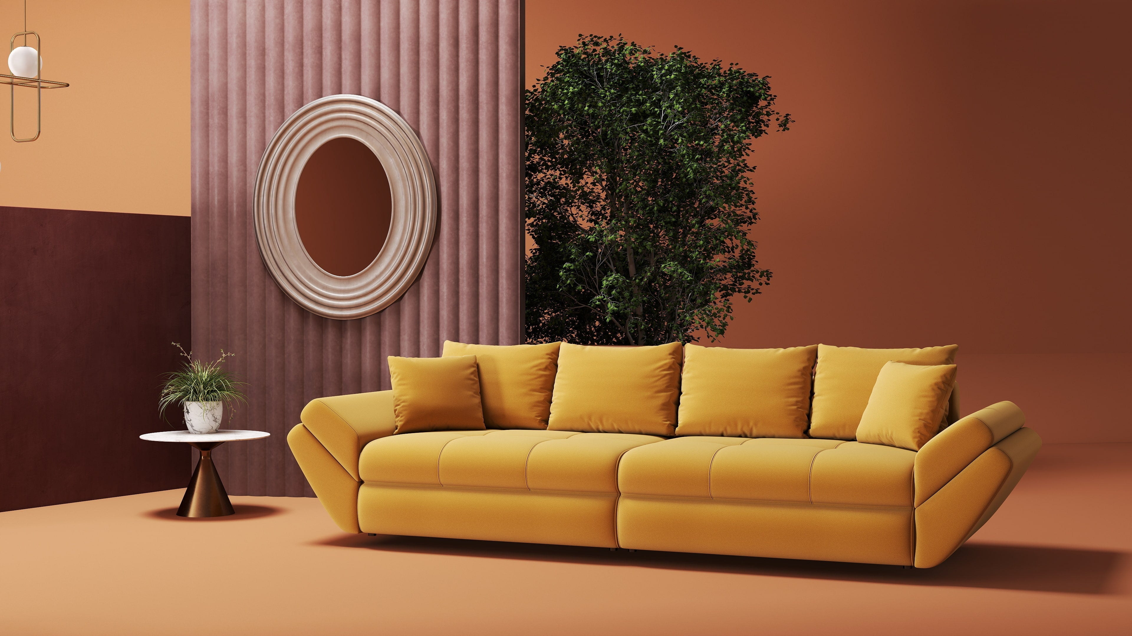 Canapea extensibilă dumonde cu ladă de depozitare si sezut confortabil din spuma HR, Loana Royal Mustar 300x100 cm Fabrica