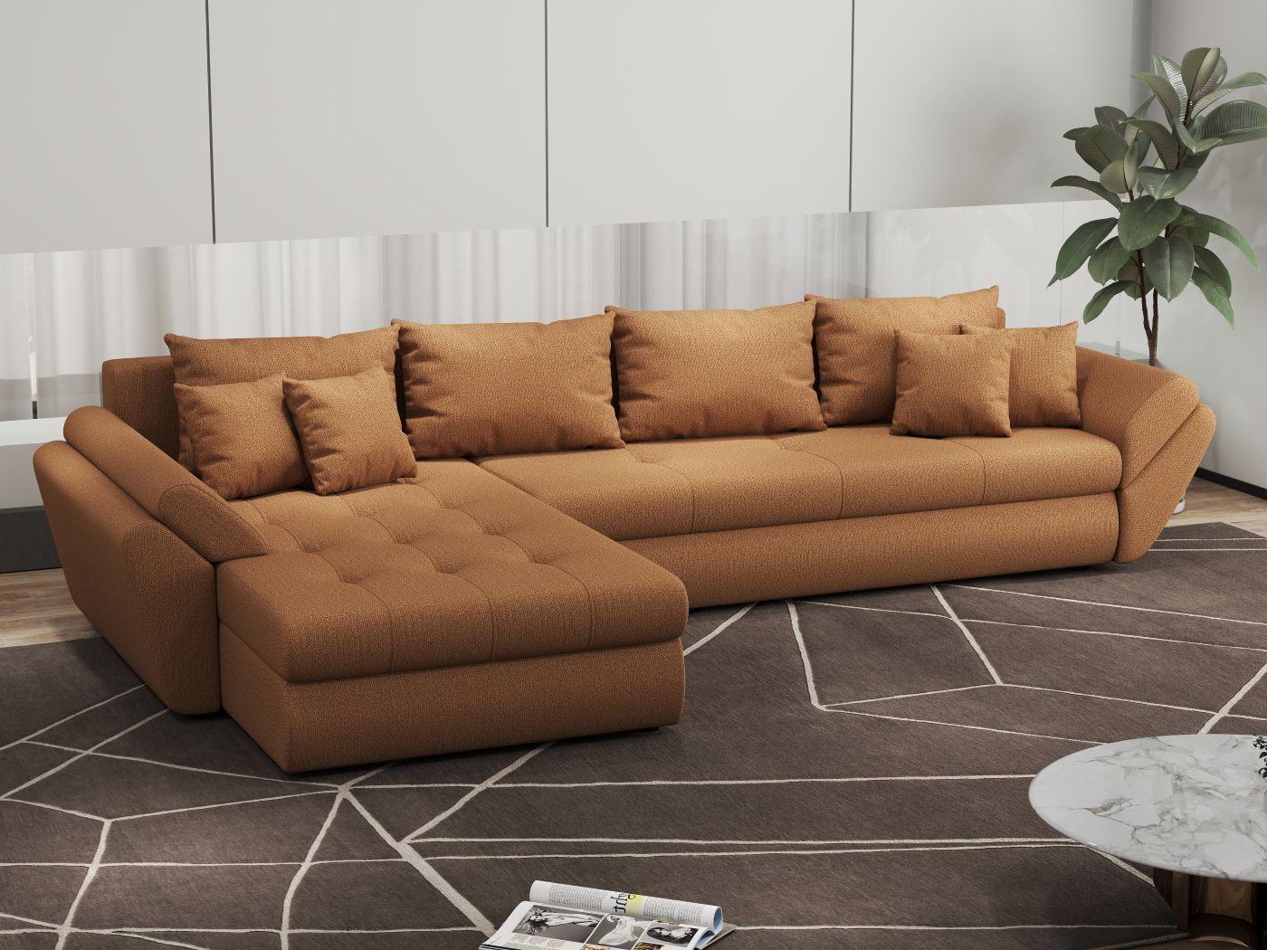 Colțar extensibil dumonde cu ladă de depozitare si sezut confortabil din spuma HR, Loana XL Enjoy Mango 335x185 cm Fabrica