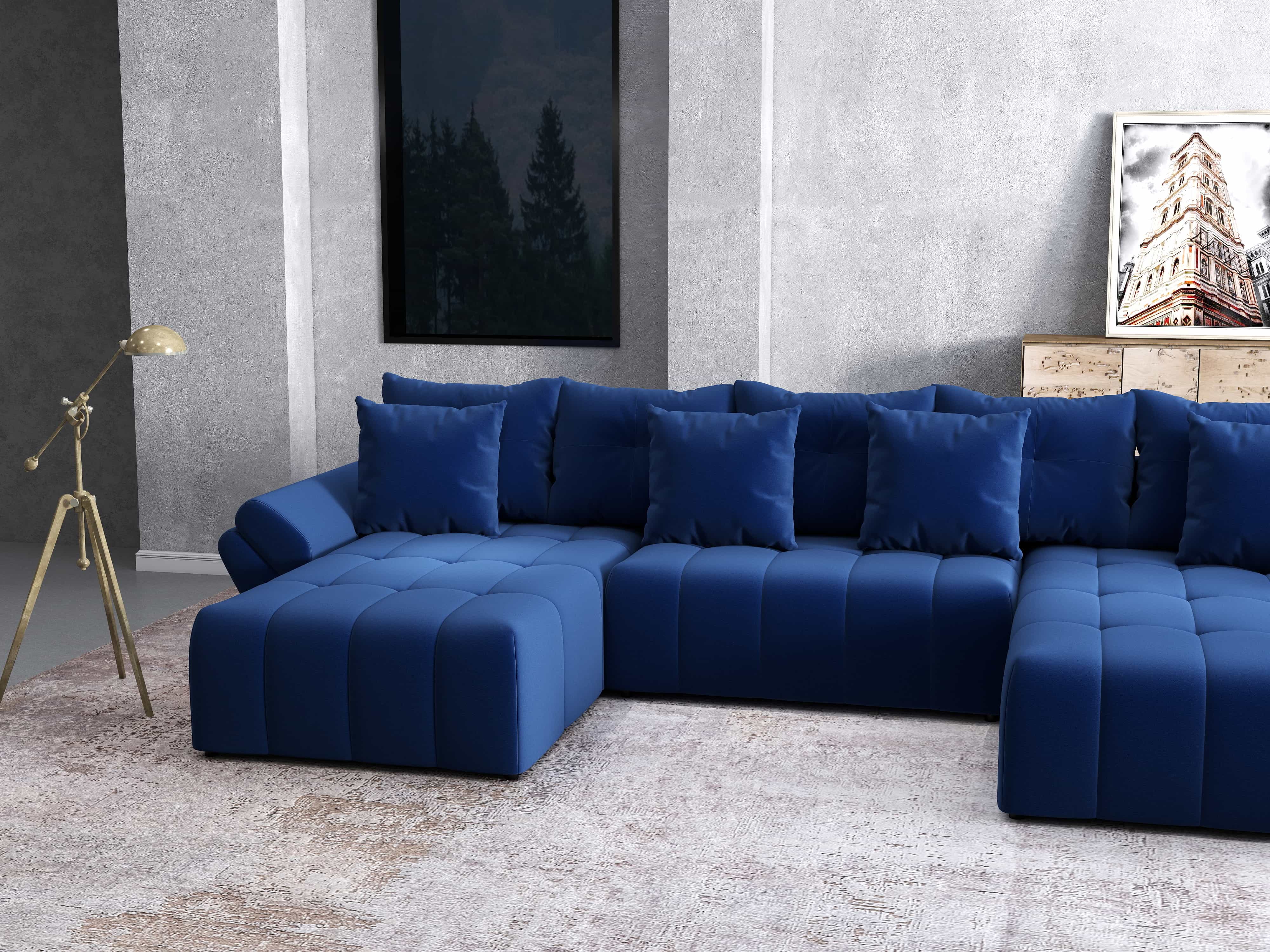 Colțar extensibil dumonde cu ladă de depozitare si sezut confortabil din spuma HR, Berlin U Royal Blue 380x180 cm Fabrica