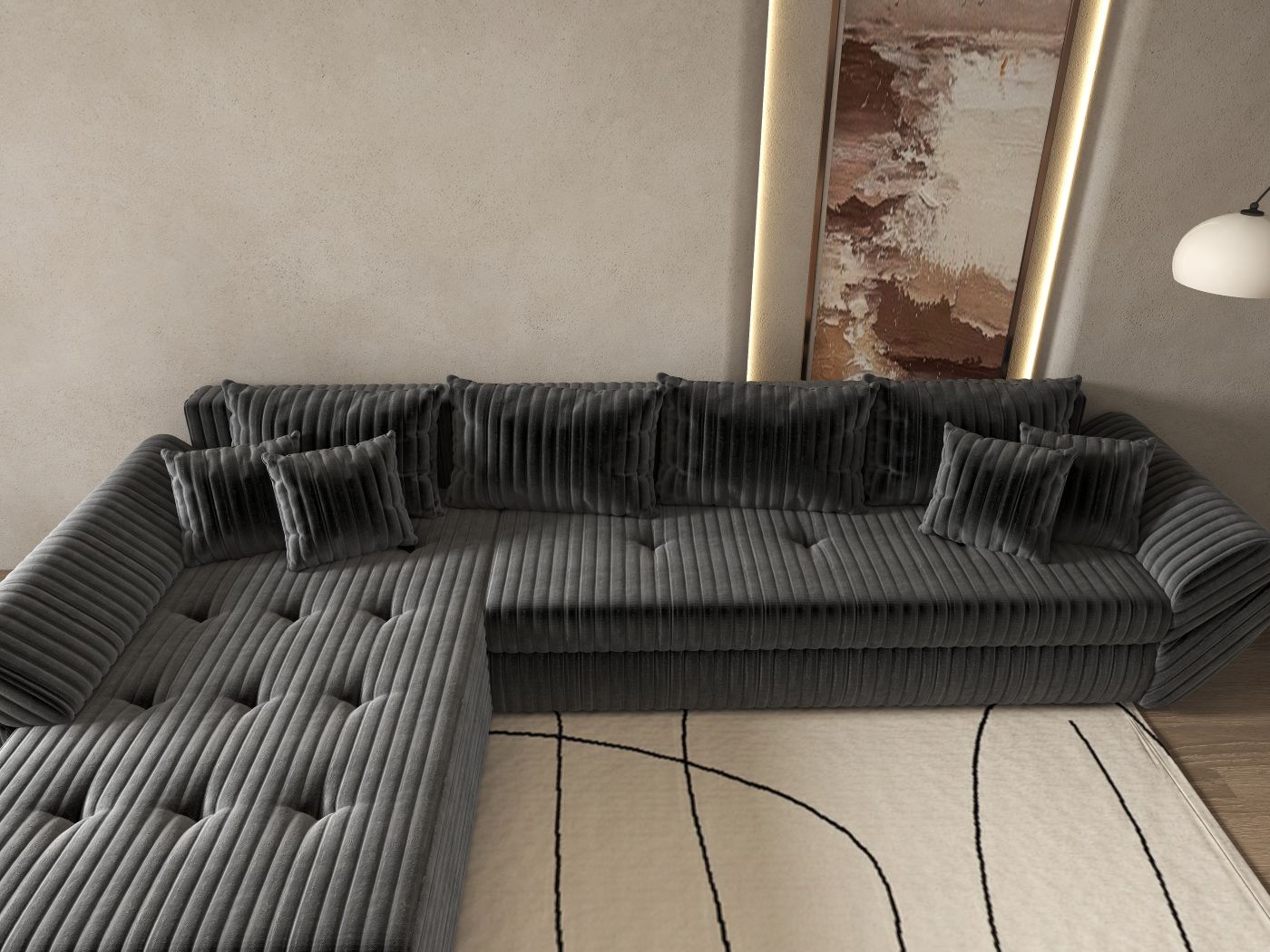 Colțar extensibil dumonde cu ladă de depozitare si sezut confortabil din spuma HR, Loana XL Ambience Gri 335x185 cm Fabrica