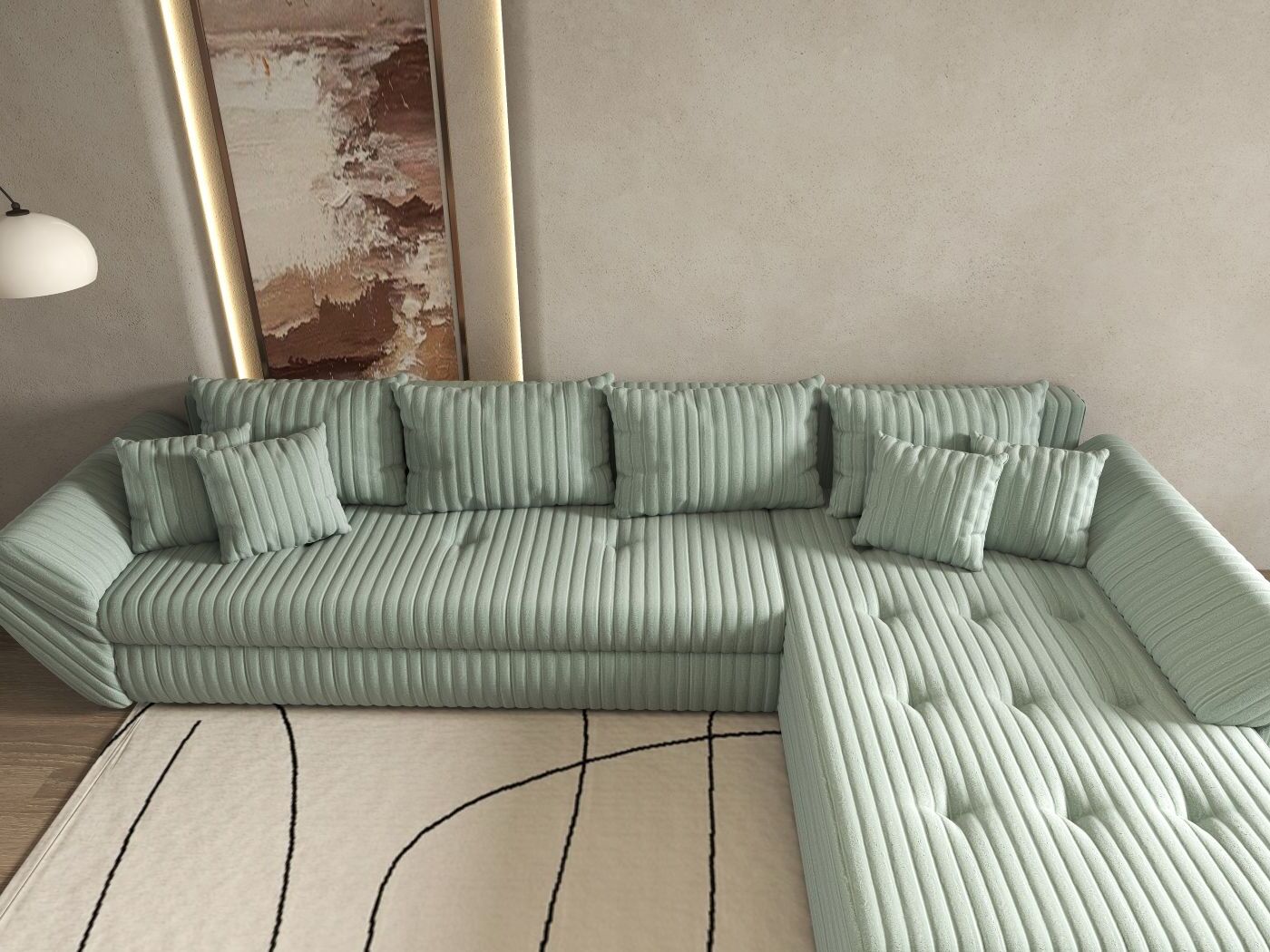 Colțar extensibil dumonde cu ladă de depozitare si sezut confortabil din spuma HR, Loana XL Ambience Mint II 335x185 cm Fabrica