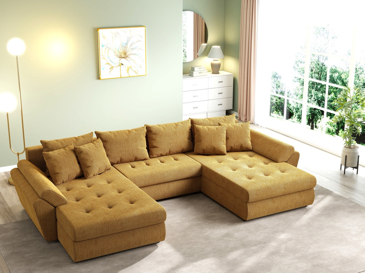 Colțar extensibil dumonde cu ladă de depozitare si sezut confortabil din spuma HR, Loana U Zoom Mustar 355x185 cm