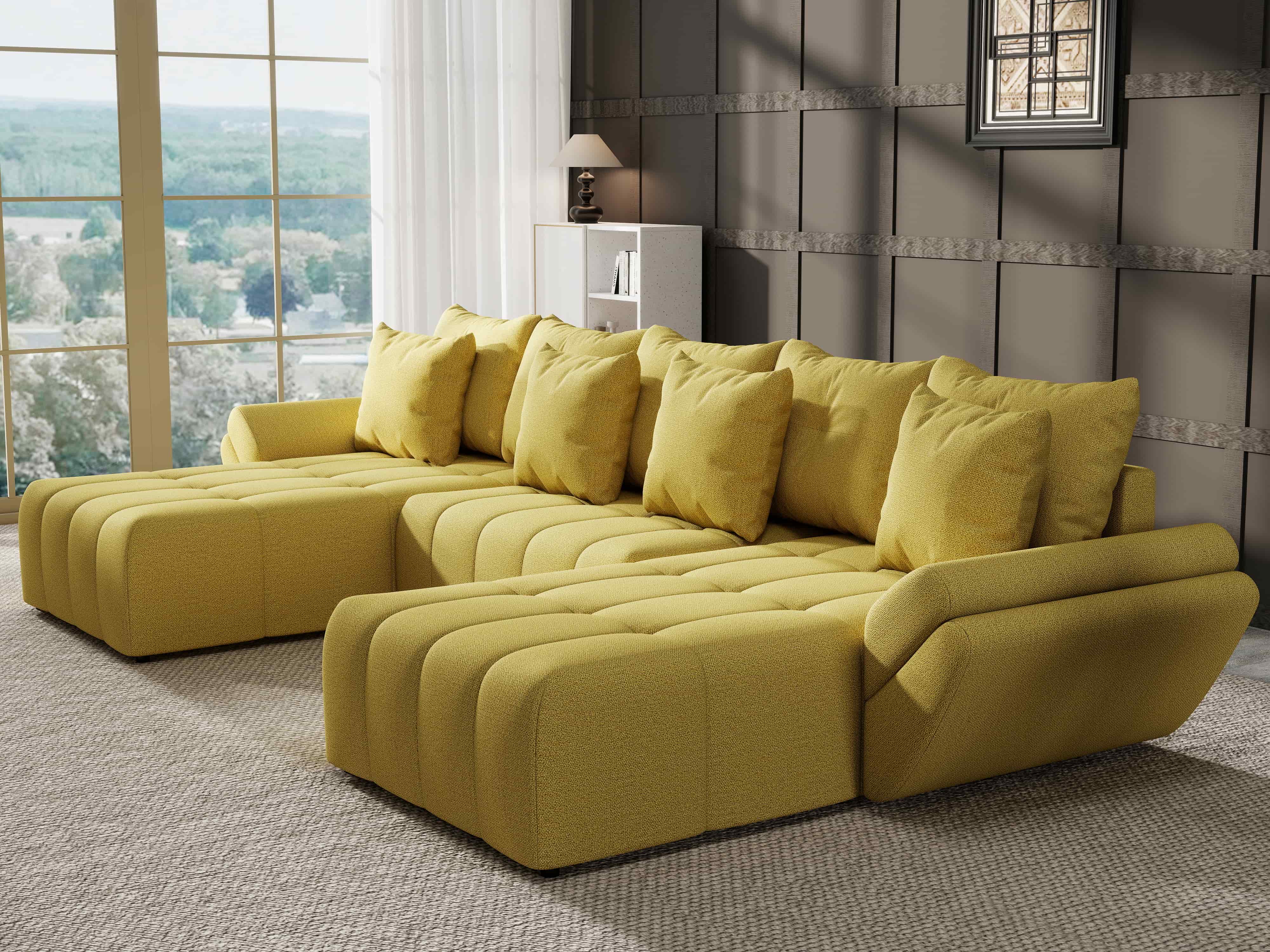 Colțar extensibil dumonde cu ladă de depozitare si sezut confortabil din spuma HR, Berlin U Enjoy Melon 380x180 cm Fabrica