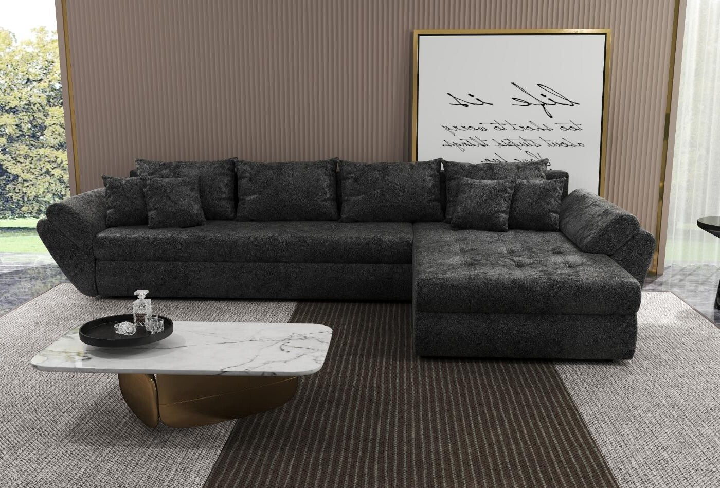 Colțar extensibil dumonde cu ladă de depozitare si sezut confortabil din spuma HR, Loana XL Euphoria Negru II 335x185 cm Fabrica