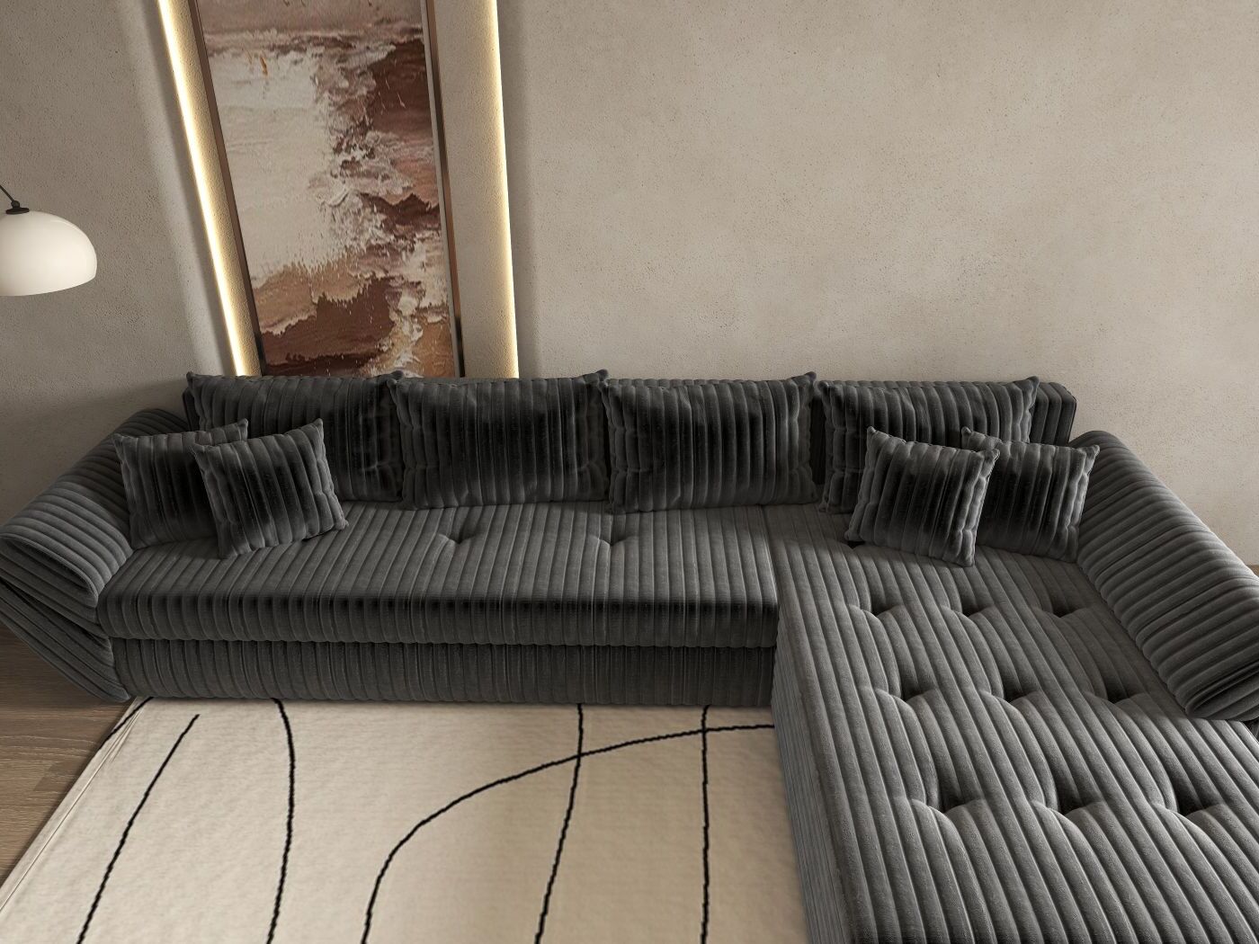 Colțar extensibil dumonde cu ladă de depozitare si sezut confortabil din spuma HR, Loana XL Ambience Gri II 335x185 cm Fabrica