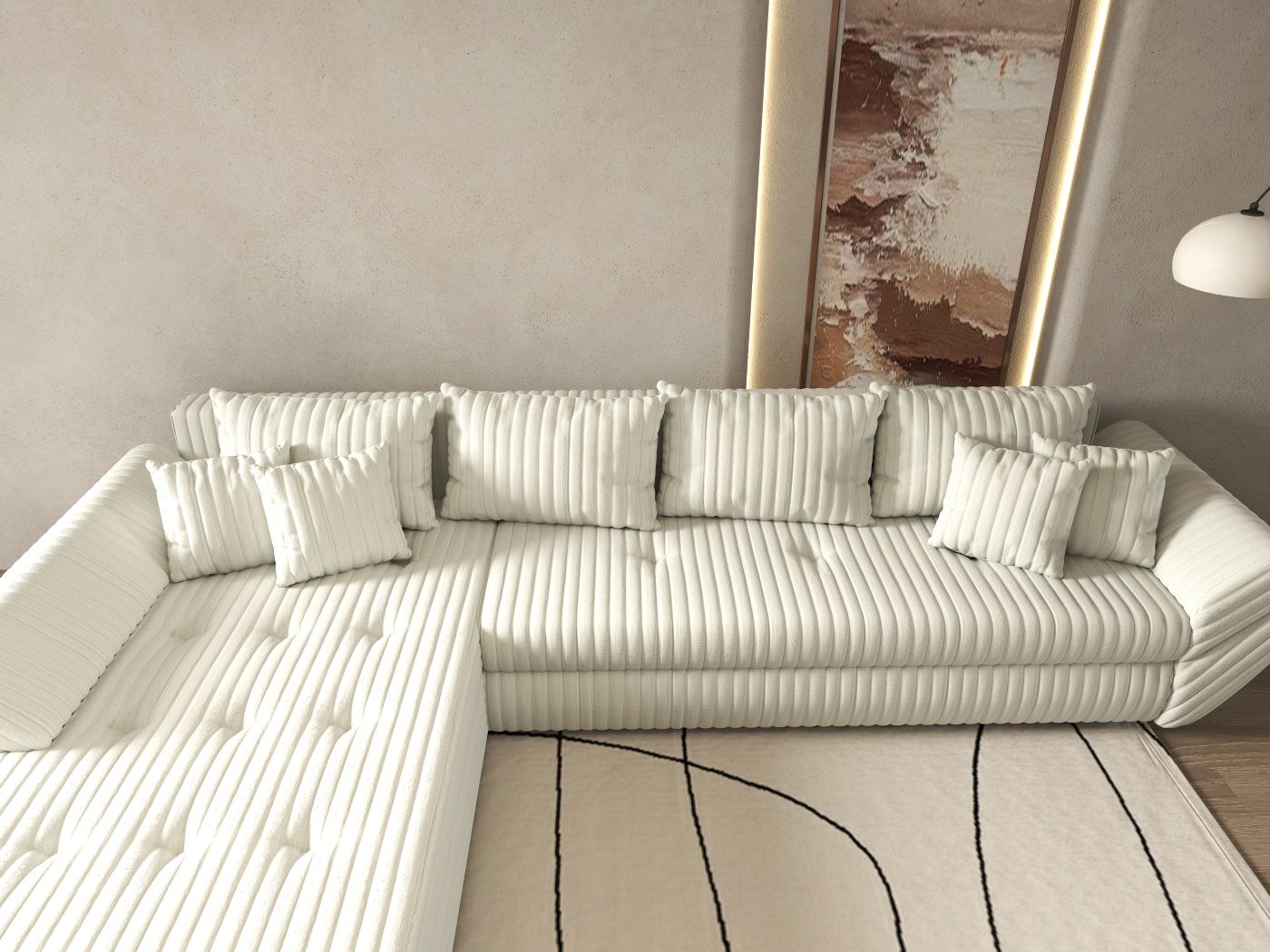 Colțar extensibil dumonde cu ladă de depozitare si sezut confortabil din spuma HR, Loana XL Ambience Ivory 335x185 cm Fabrica