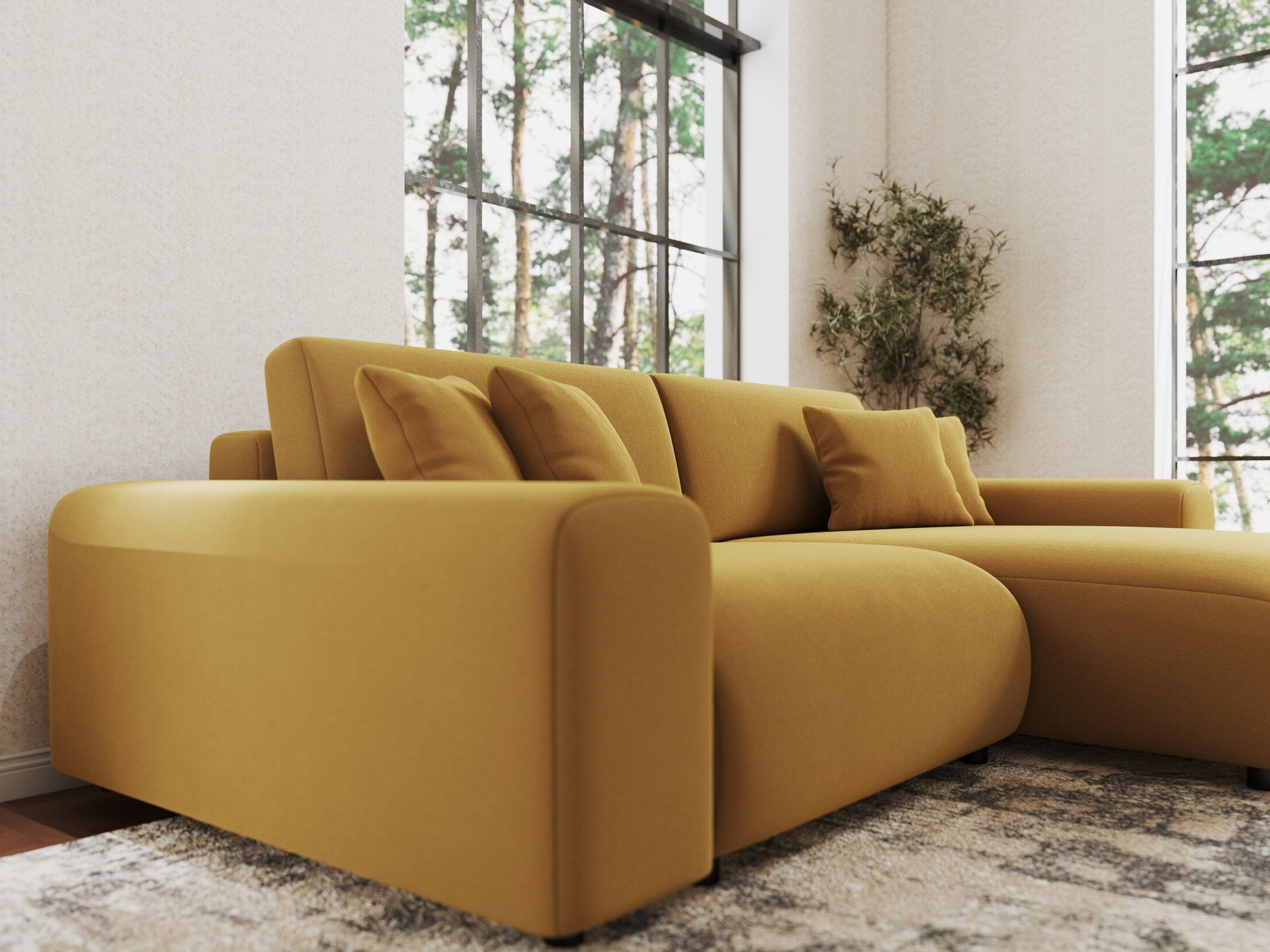 Colțar extensibil dumonde cu ladă de depozitare si sezut confortabil din spuma HR, Sarina Royal Mustar 255x168 cm II