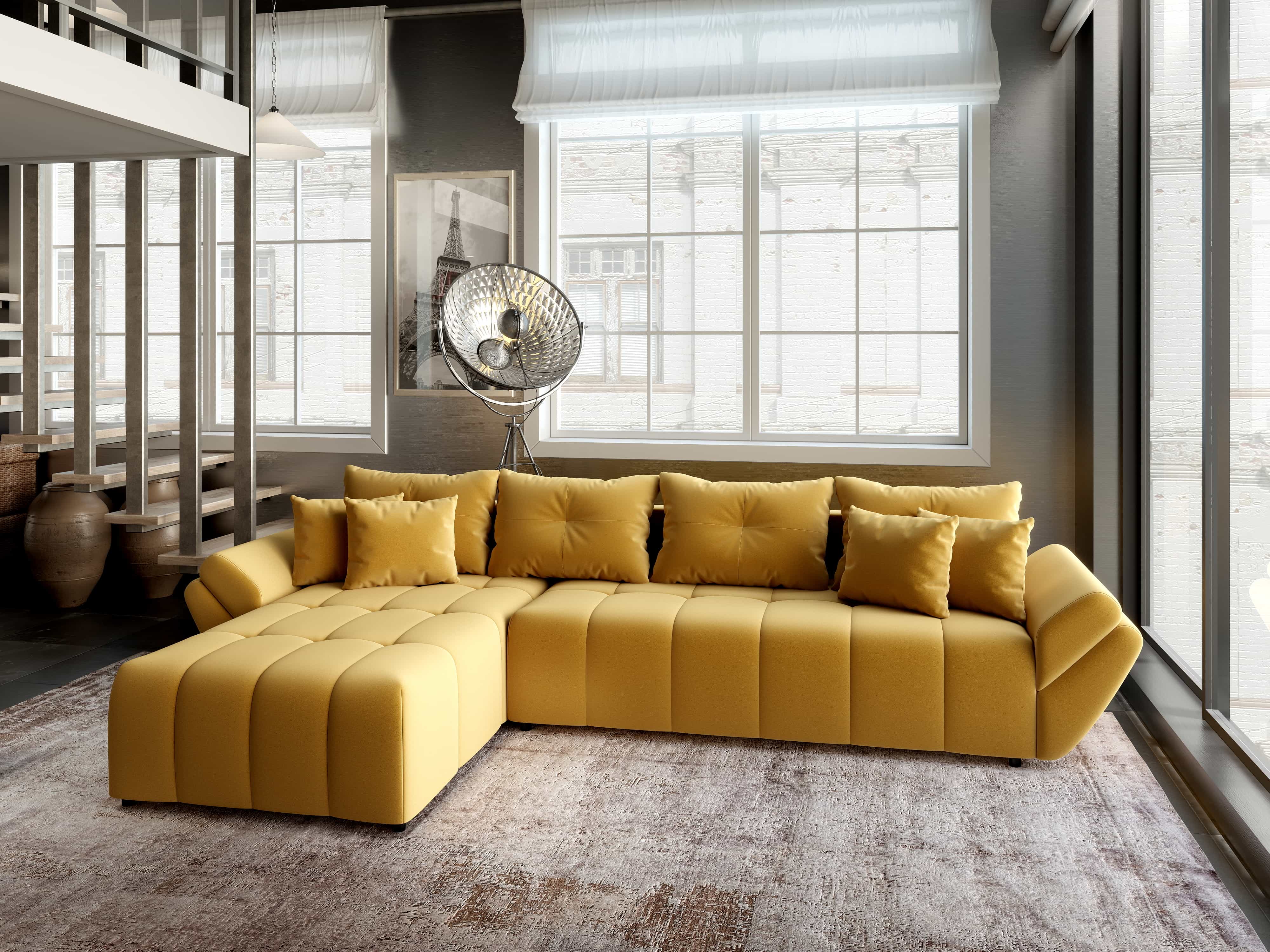 Colțar extensibil dumonde cu ladă de depozitare si sezut confortabil din spuma HR, Berlin XL Royal Mustar 350x185 cm Fabrica