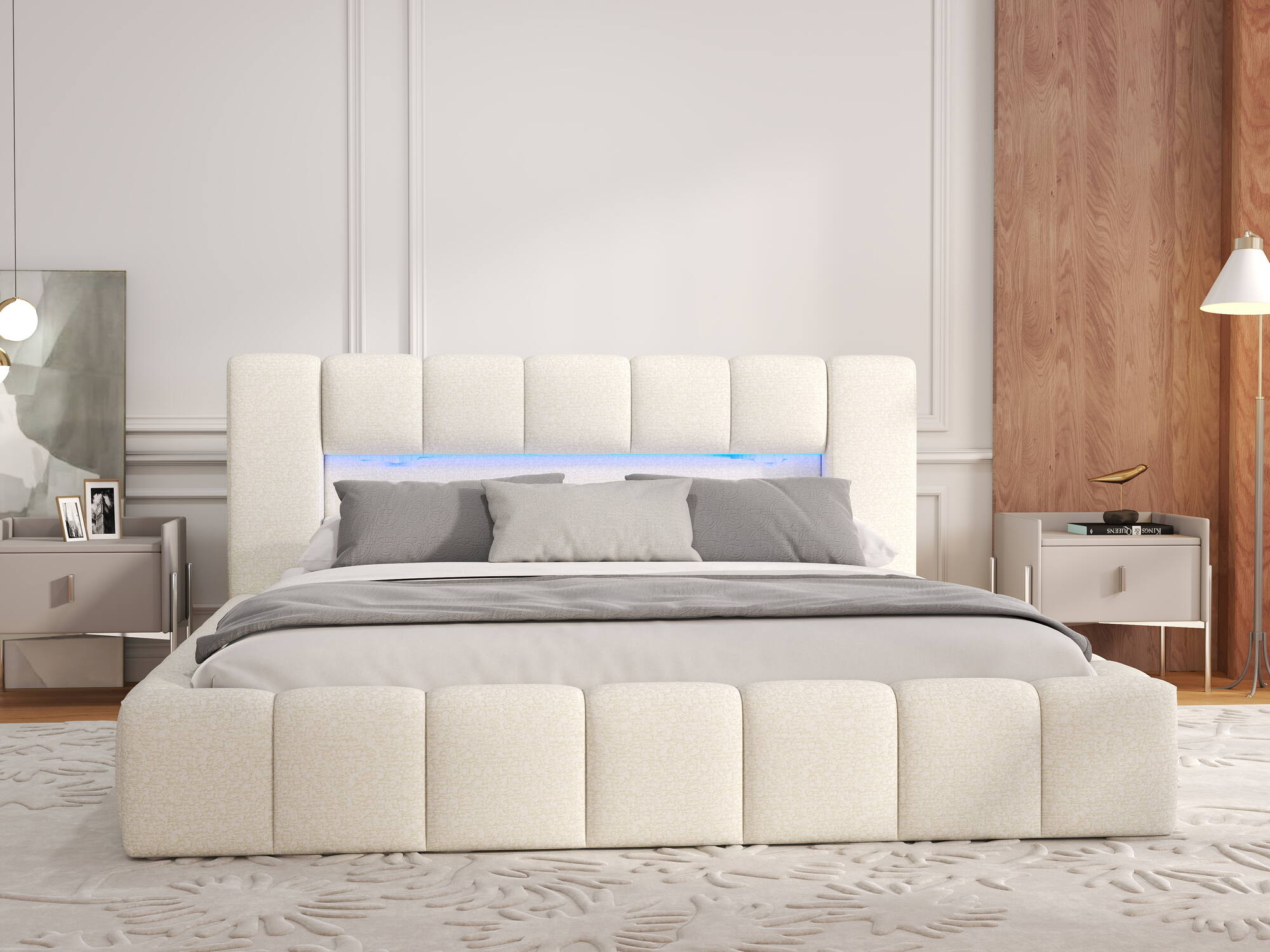 Pat dormitor dumonde, tapitat bej, Palermo 180x200 cm, somiera rabatabila inclusa, spatiu depozitare