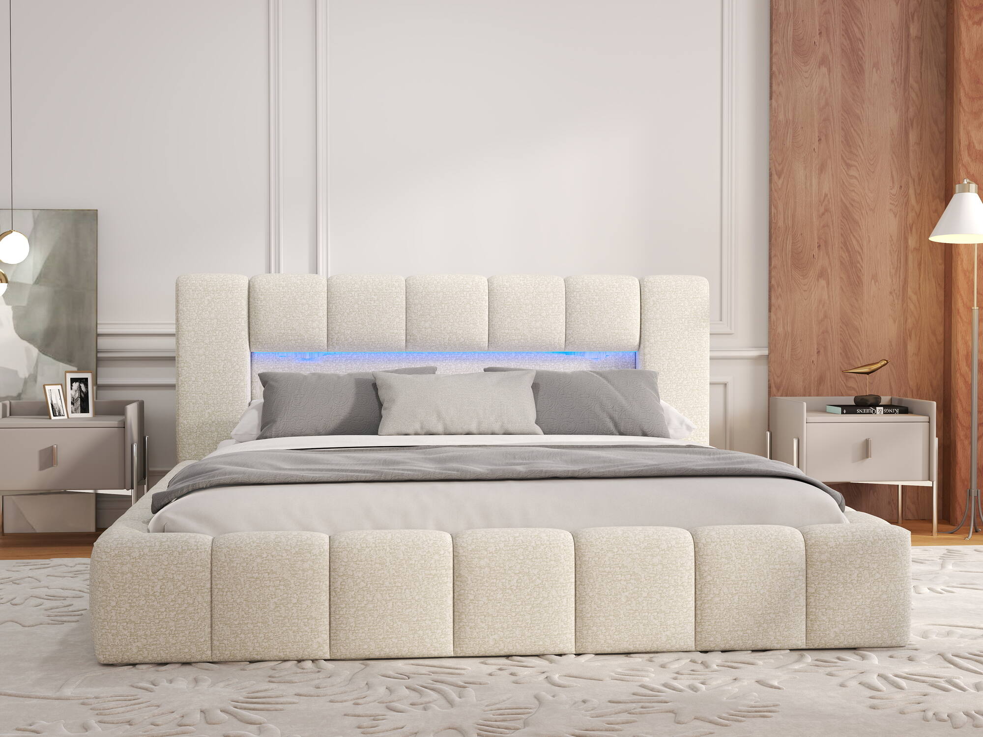 Pat dormitor dumonde, tapitat bej, Palermo 180x200 cm, somiera rabatabila inclusa, spatiu depozitare