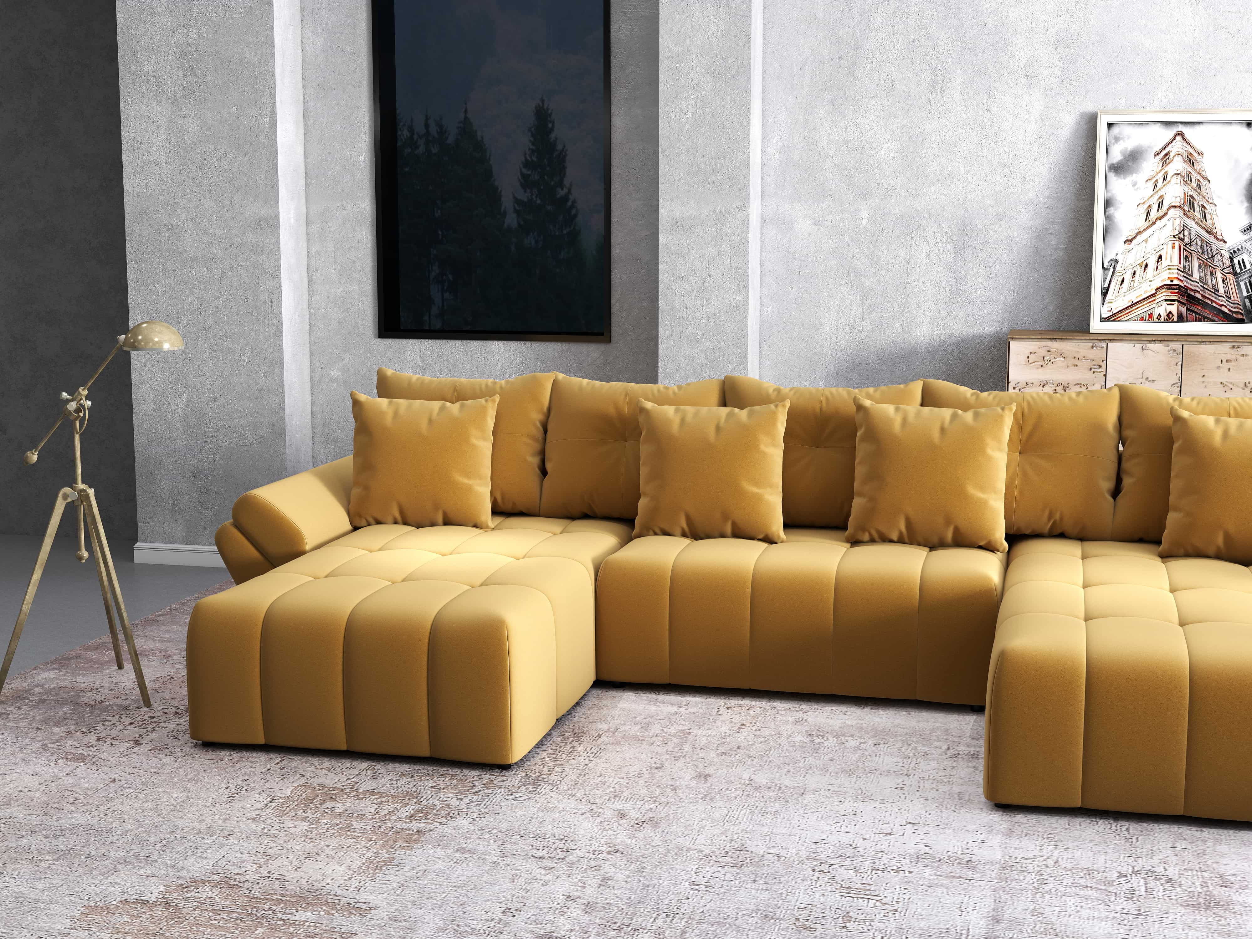 Colțar extensibil dumonde cu ladă de depozitare si sezut confortabil din spuma HR, Berlin U Royal Mustar 380x180 cm Fabrica