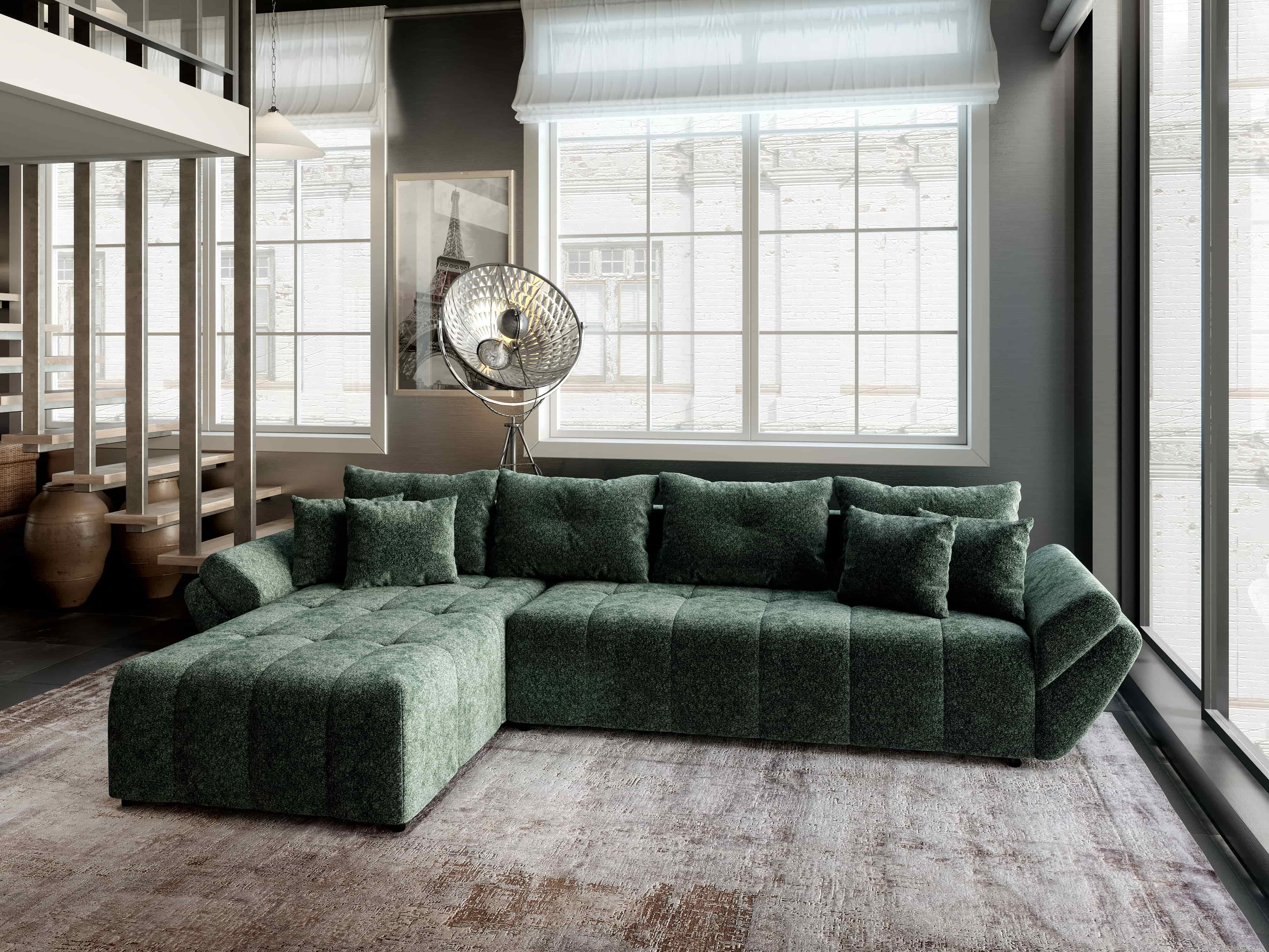 Colțar extensibil dumonde cu ladă de depozitare si sezut confortabil din spuma HR, Berlin XL Euphoria Green 350x185 cm Fabrica