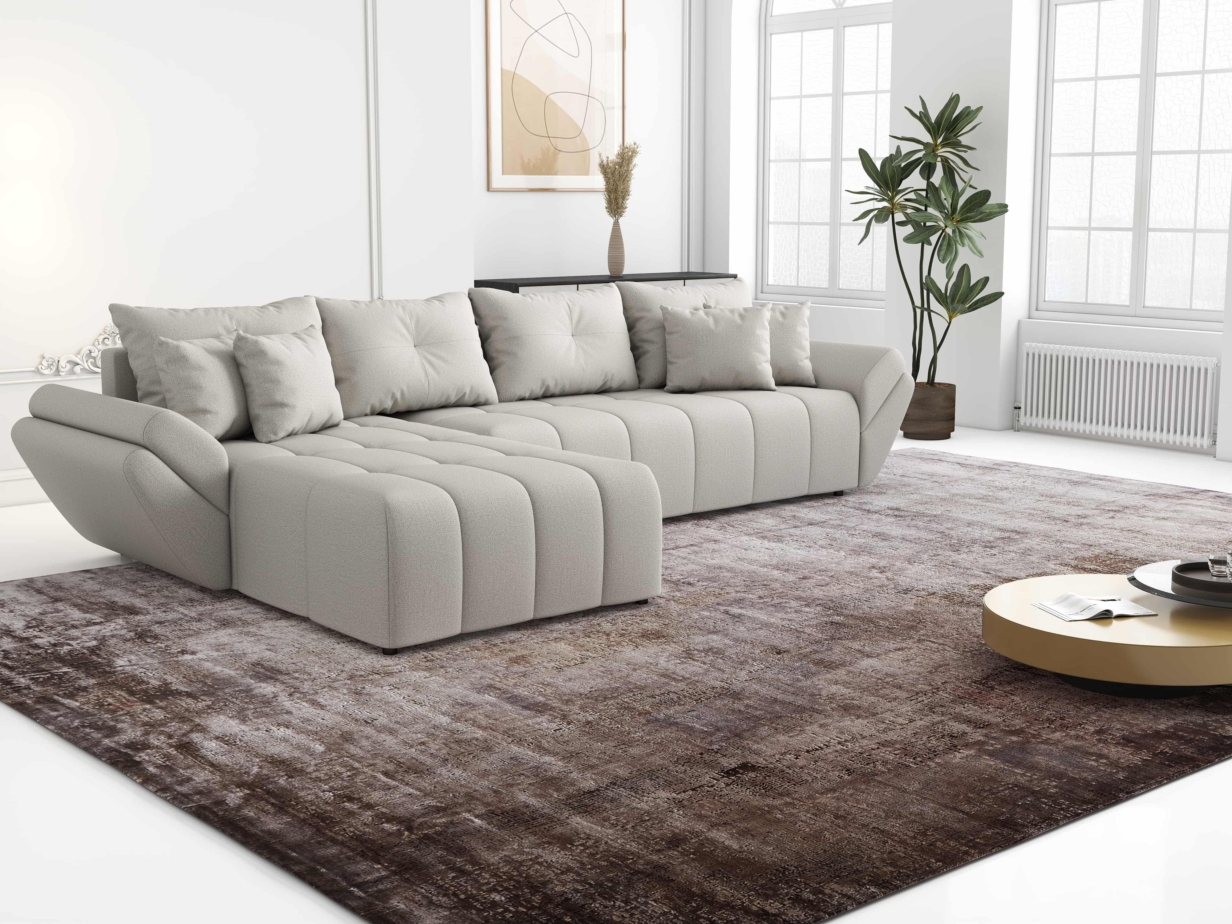 Colțar extensibil dumonde cu ladă de depozitare si sezut confortabil din spuma HR, Berlin XL Enjoy Beige 350x185 cm Fabrica