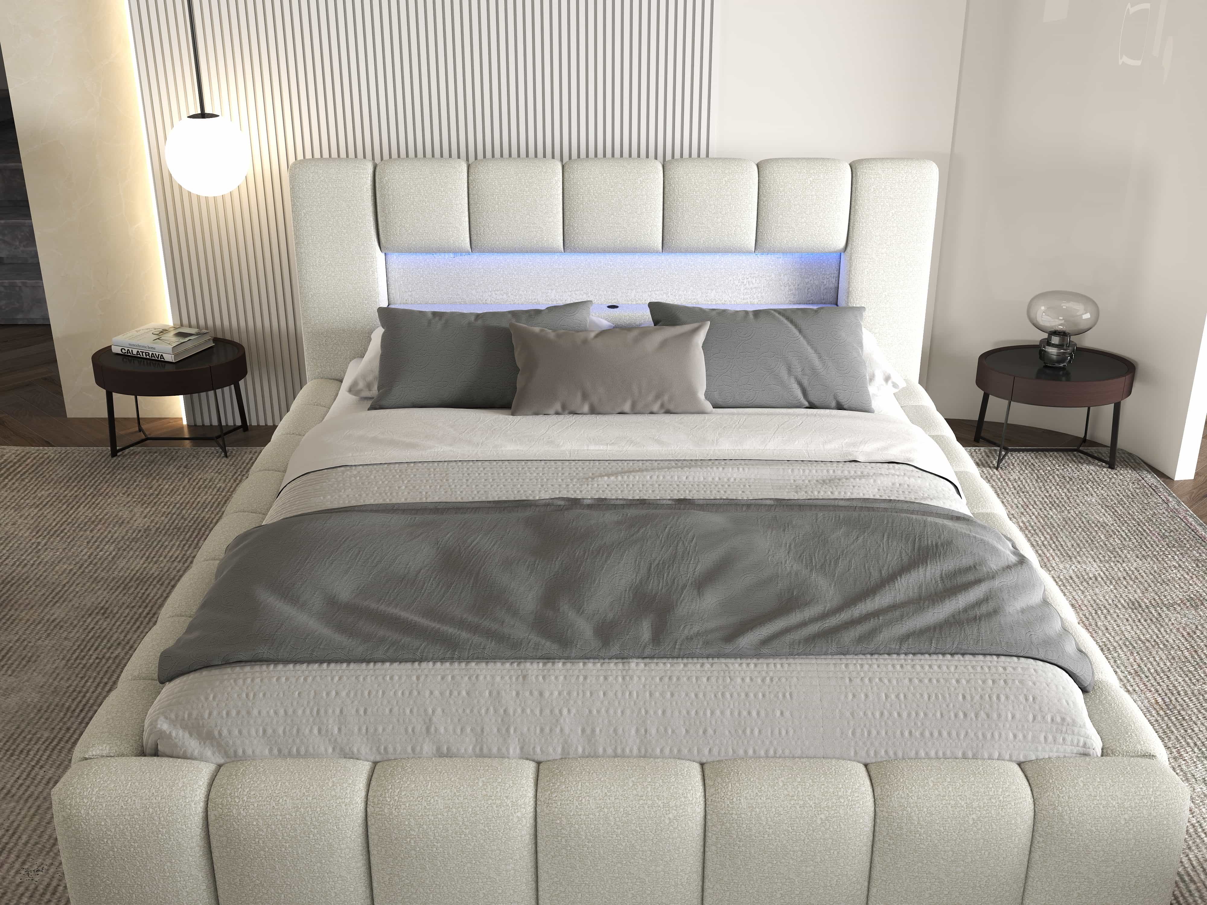 Pat dormitor dumonde, tapitat bej cu LED si USB, Palermo 160x200 cm, somiera rabatabila inclusa, spatiu depozitare WLS