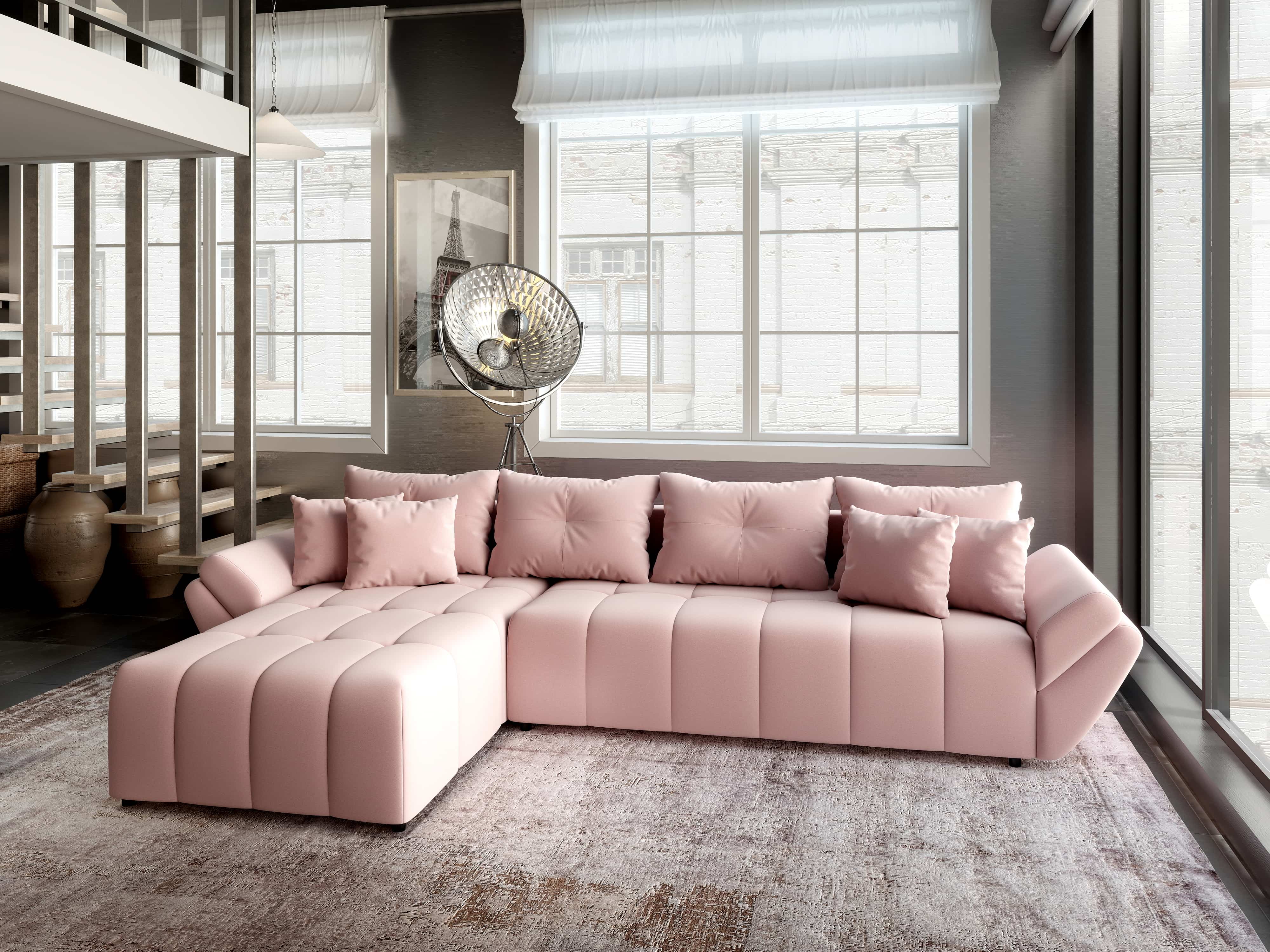 Colțar extensibil dumonde cu ladă de depozitare si sezut confortabil din spuma HR, Berlin XL Royal Roz 350x185 cm Fabrica