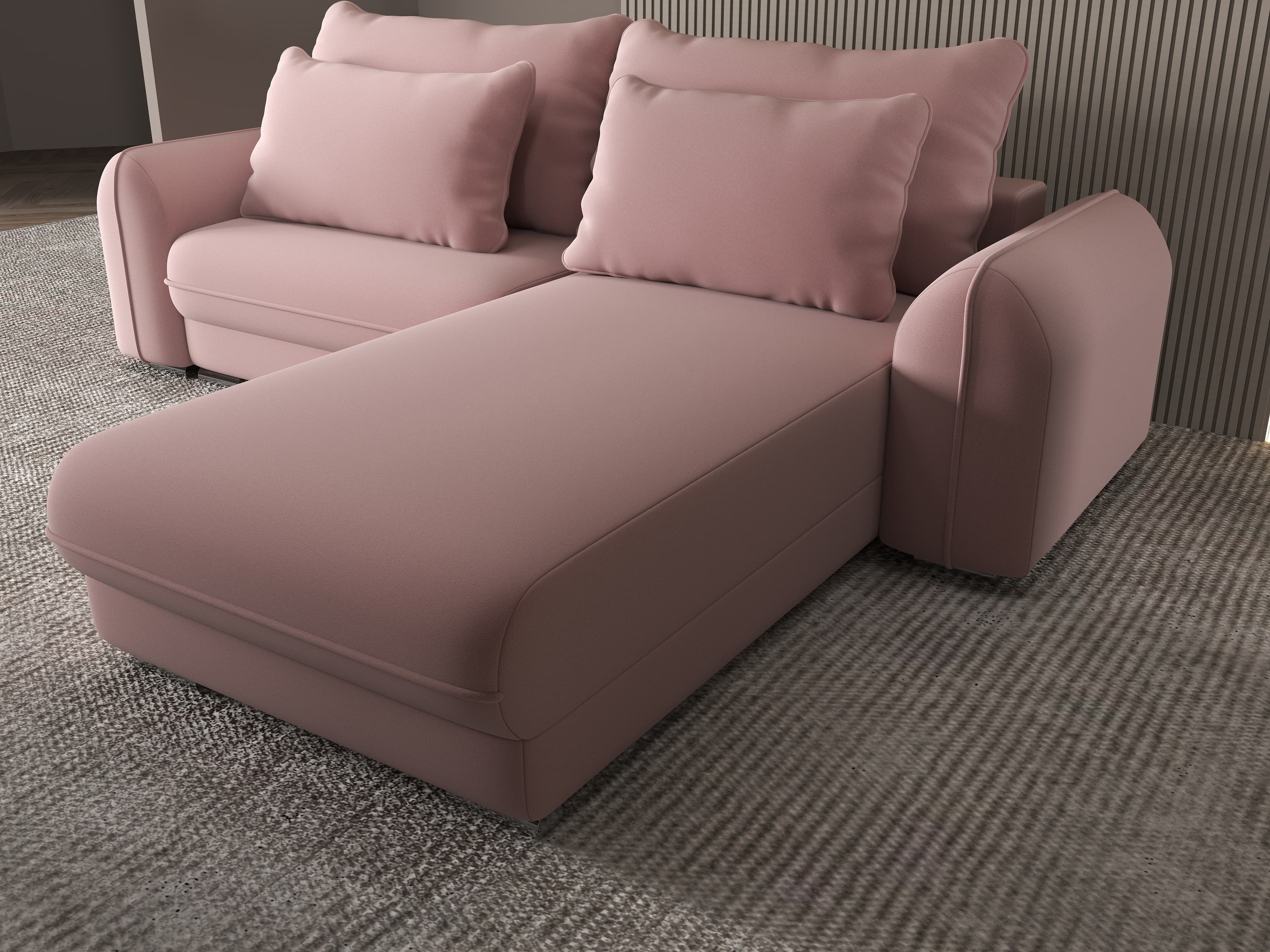 Colțar extensibil dumonde cu ladă de depozitare si sezut confortabil din spuma HR, Denver Royal Roz 275x185 cm II Fabrica