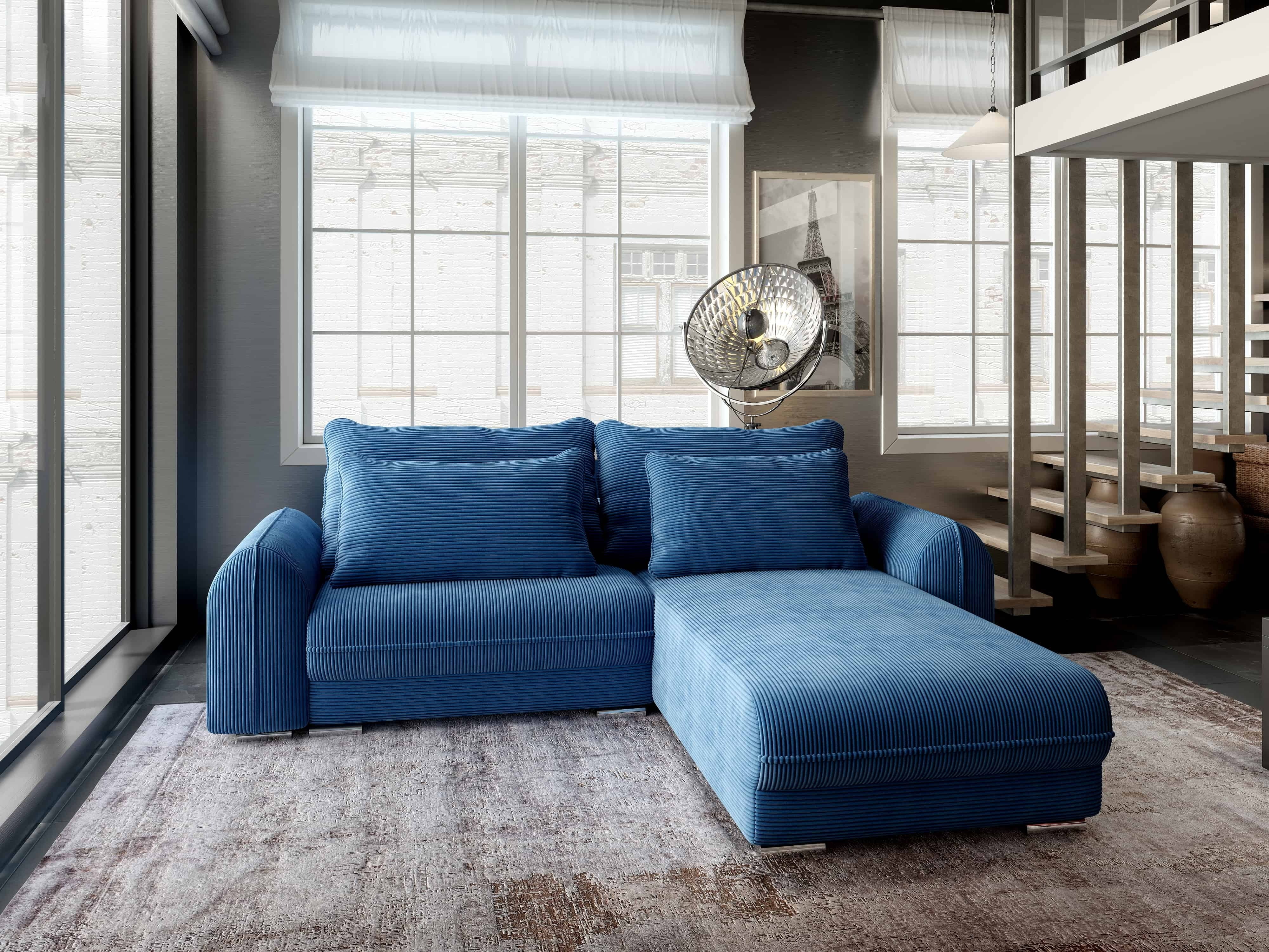 Colțar extensibil dumonde cu ladă de depozitare si sezut confortabil din spuma HR, Denver Zoom Albastru 275x185 cm II Fabrica