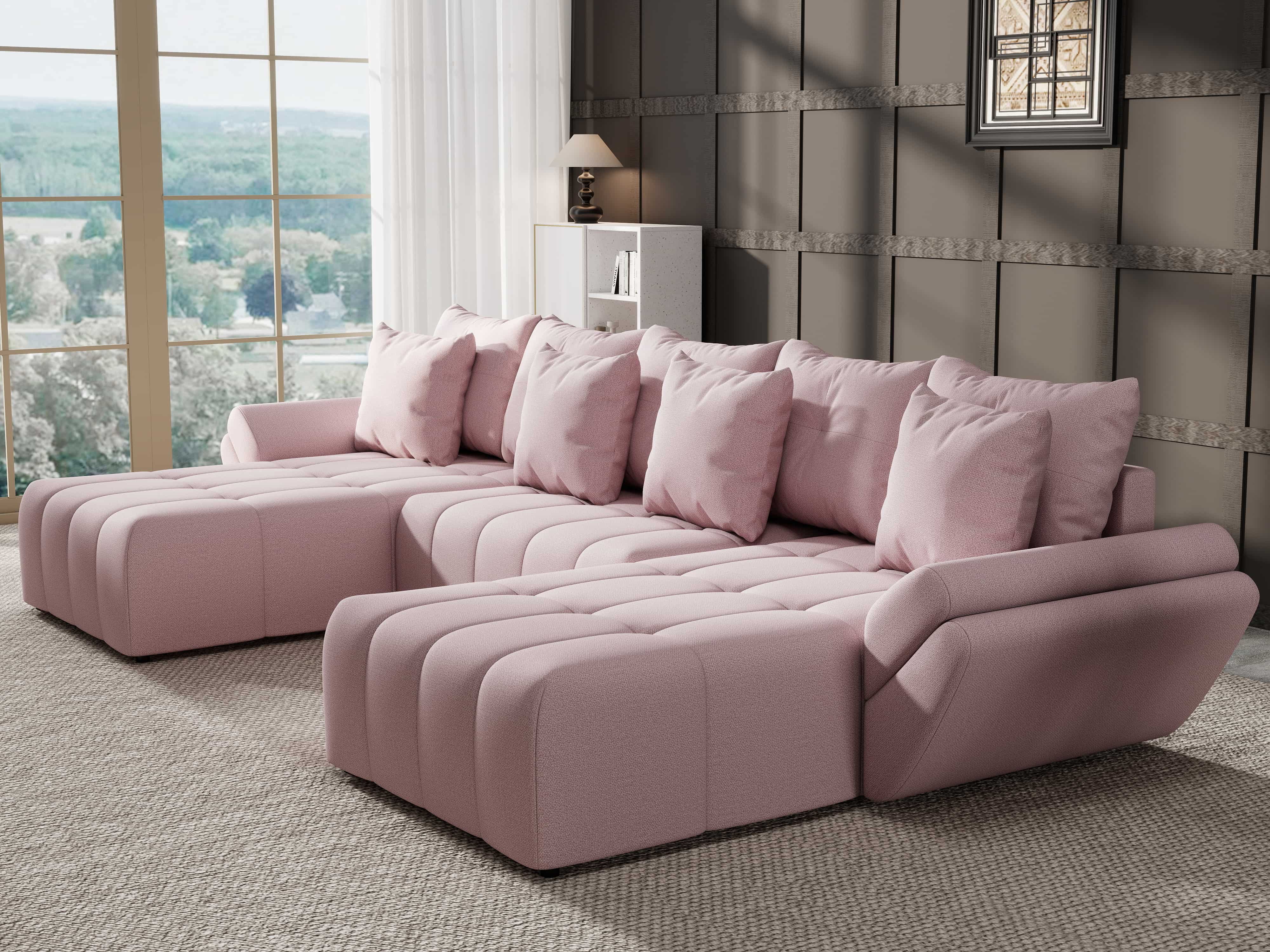 Colțar extensibil dumonde cu ladă de depozitare si sezut confortabil din spuma HR, Berlin U Enjoy Flamingo 380x180 cm Fabrica