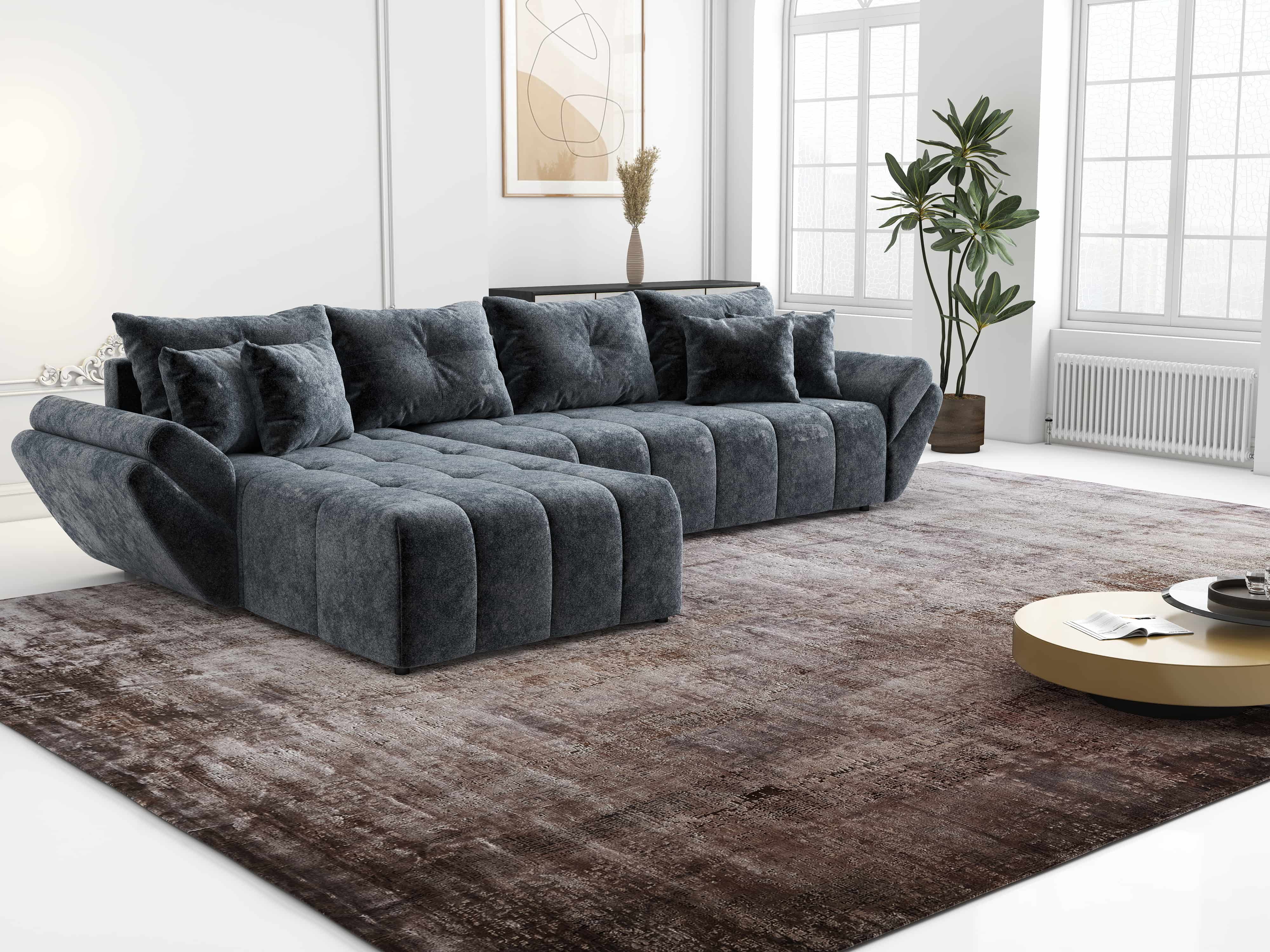 Colțar extensibil dumonde cu ladă de depozitare si sezut confortabil din spuma HR, Berlin XL Euphoria Graphite 350x185 cm Fabrica