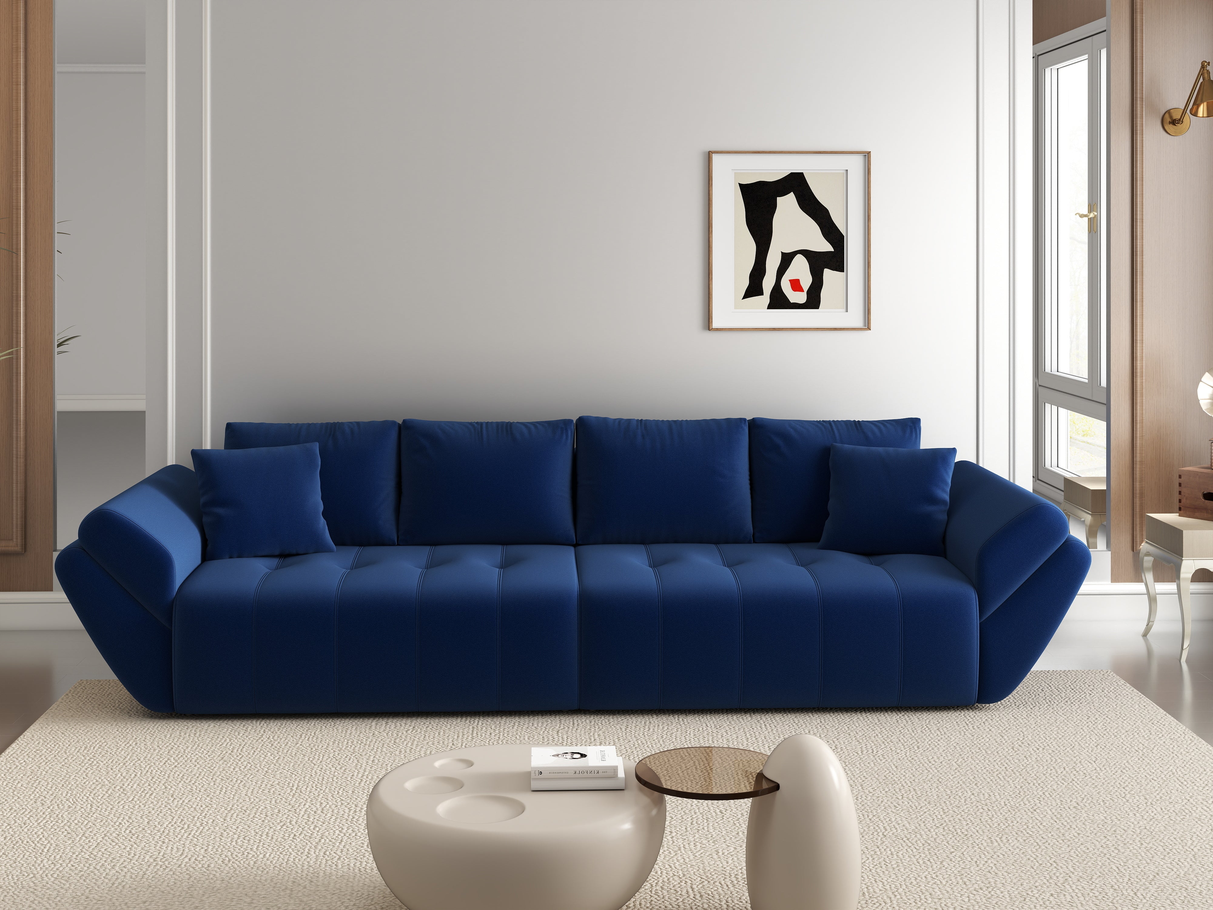 Canapea extensibilă dumonde cu ladă de depozitare si sezut confortabil din spuma HR, Berlin Royal Blue 300x100 cm Fabrica