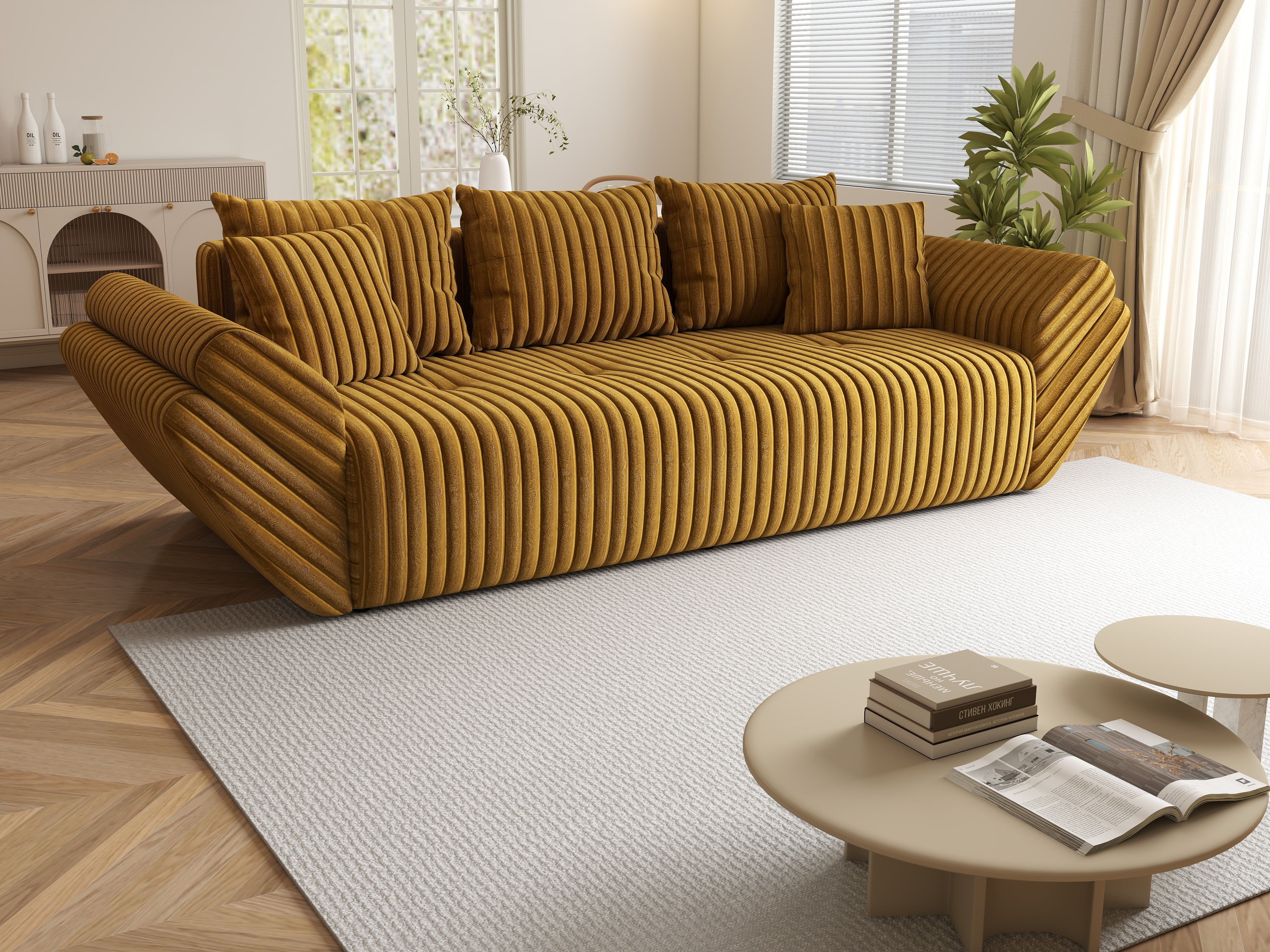 Canapea extensibilă dumonde cu ladă de depozitare si sezut confortabil din spuma HR, Berlin Ambience Mustar 250x100 cm Fabrica