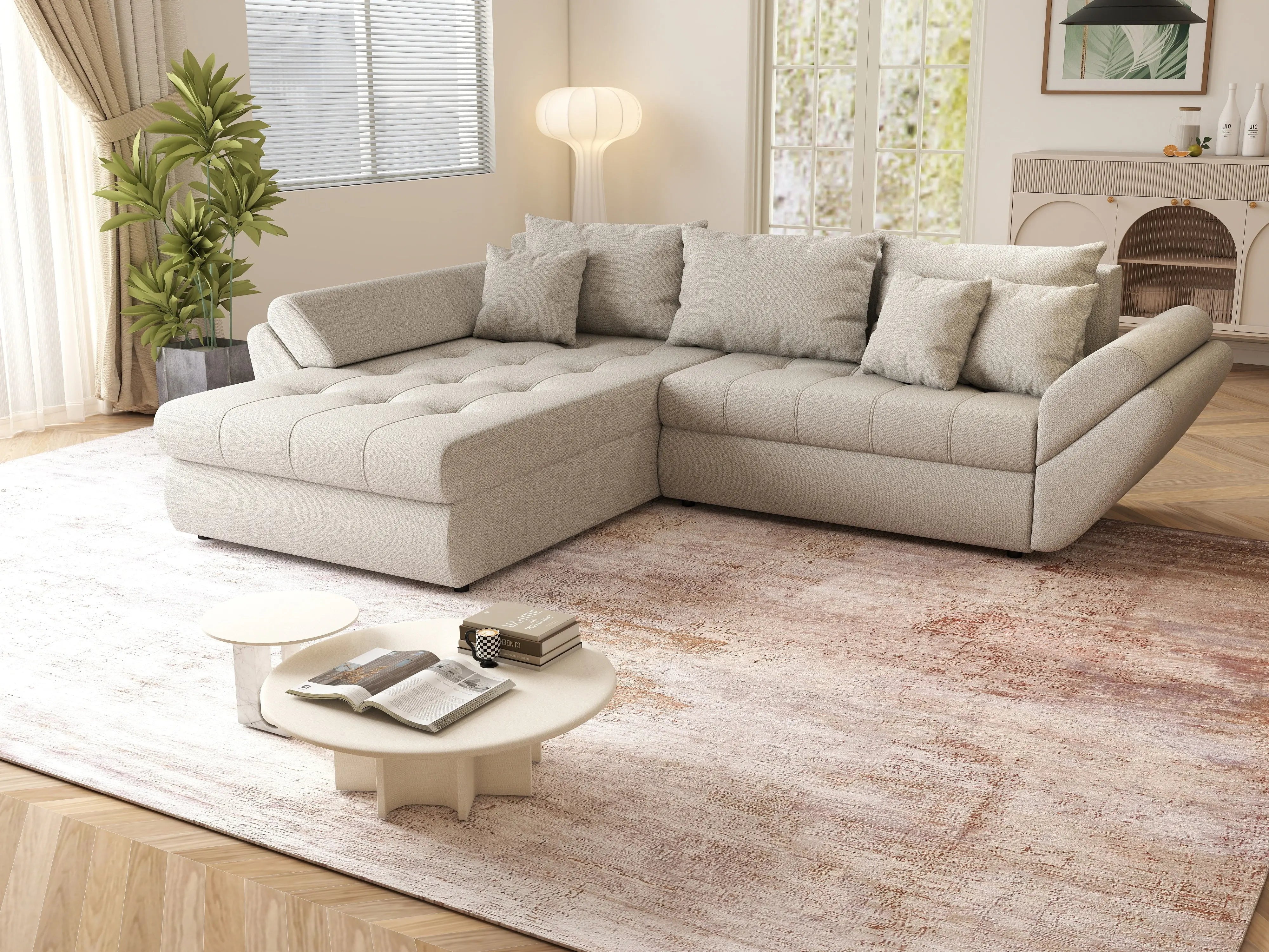 Colțar extensibil dumonde cu ladă de depozitare si sezut confortabil din spuma HR, Loana Bej 270x185 cm Fabrica