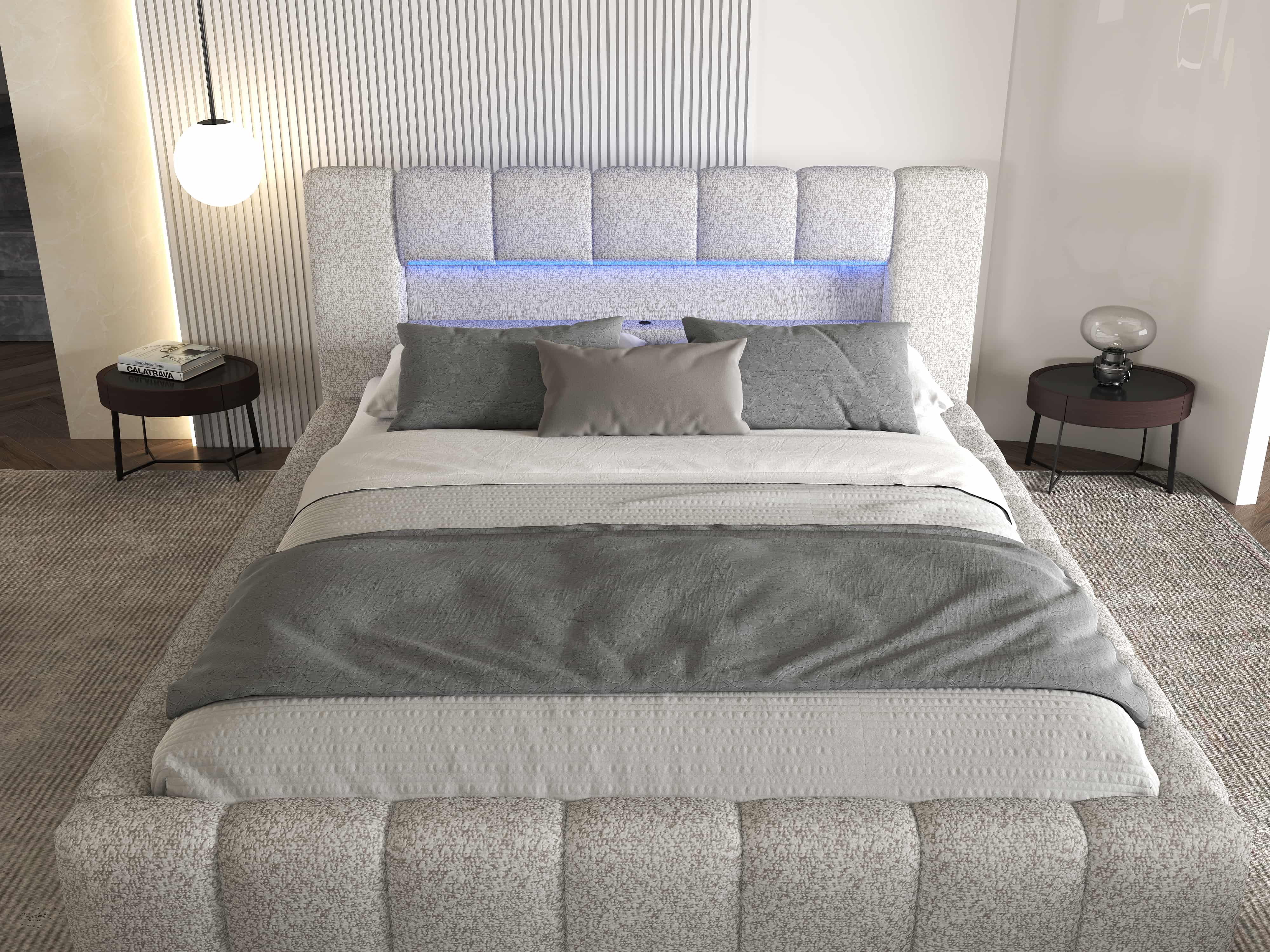 Pat dormitor dumonde, tapitat gri cu LED si USB, Palermo 160x200 cm, somiera rabatabila inclusa, spatiu depozitare WLS